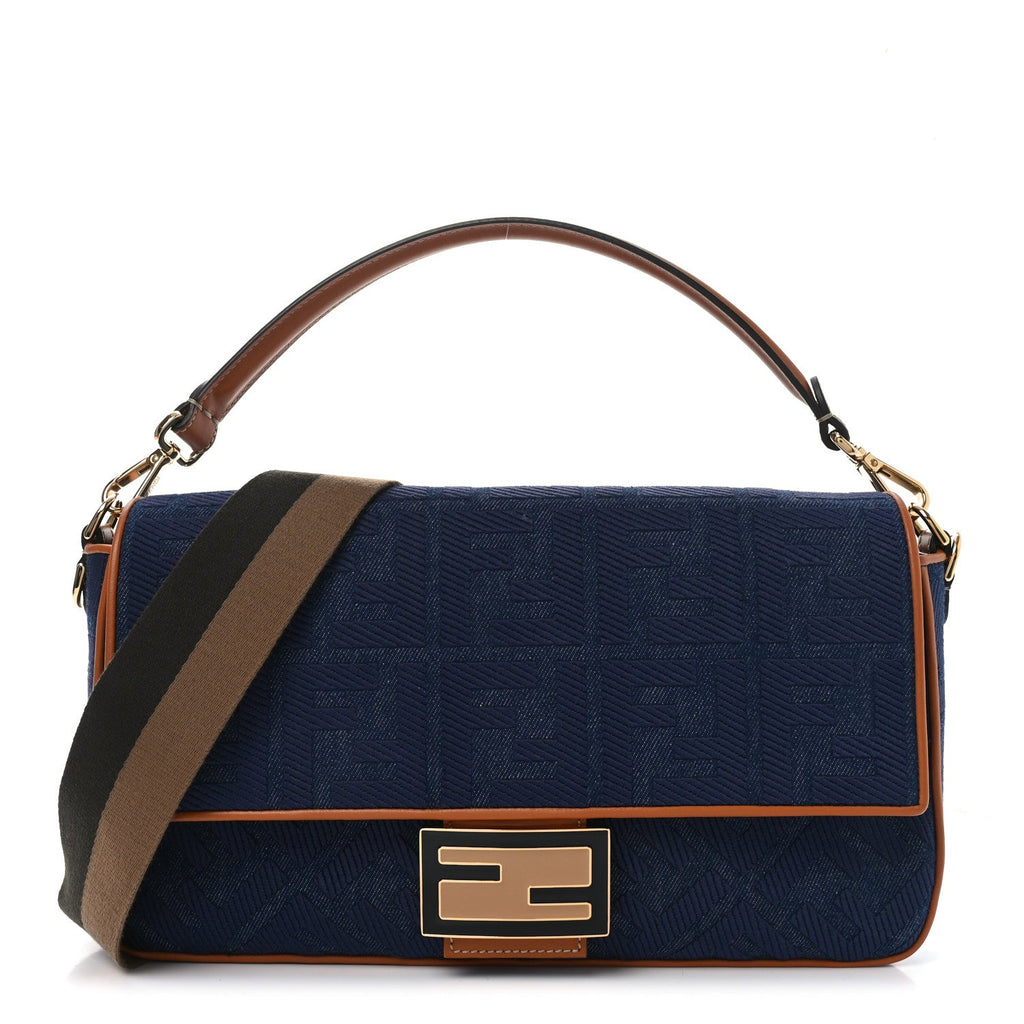 Denim Vitello King FF Embroidered Large Baguette Blue Cuoio