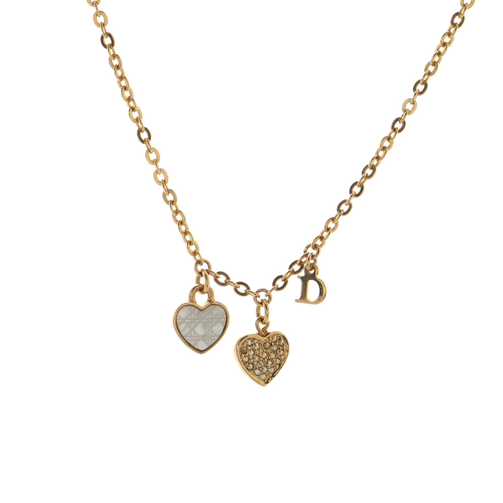Vintage D Logo & Heart Charm Necklace Metal with Crystals Small