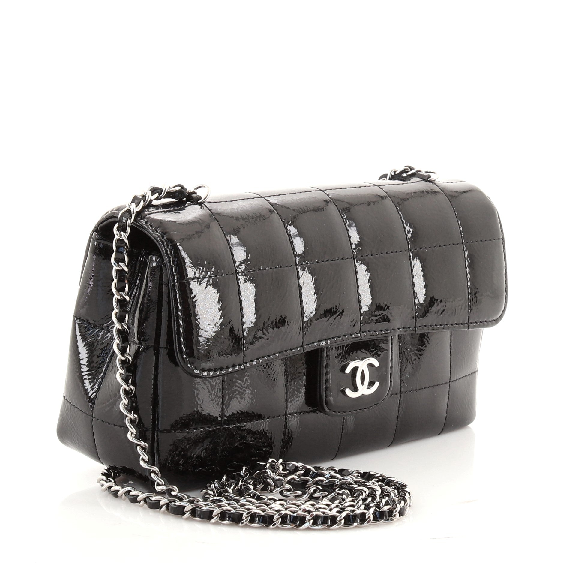 Camellia Chocolate Bar Flap Bag Quilted Patent Mini