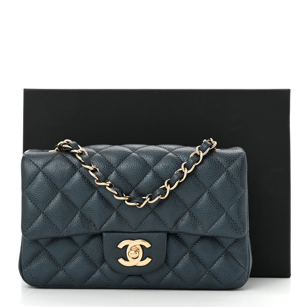 Iridescent  Caviar Quilted Mini Rectangular Flap  Dark Blue
