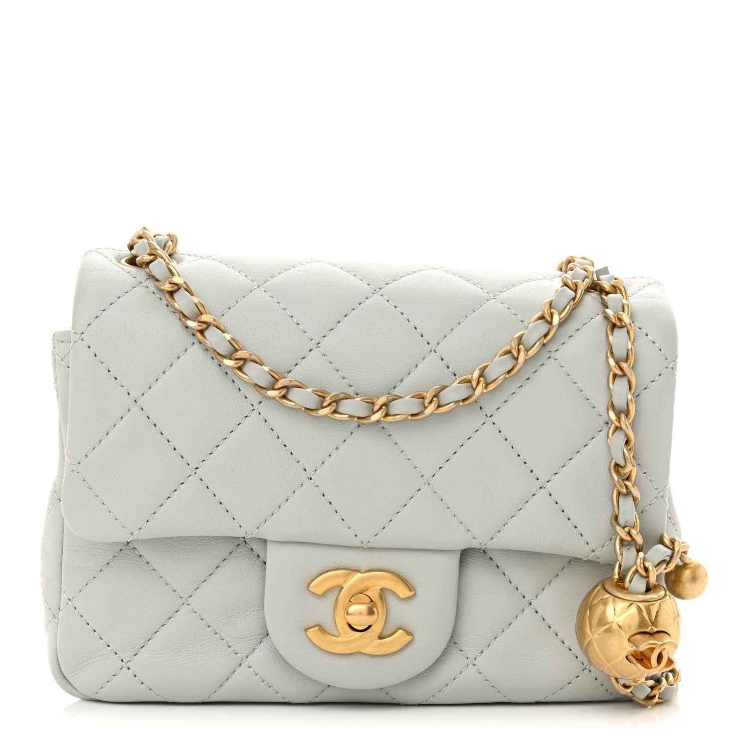 Lambskin Quilted Mini Pearl Crush Flap Light Grey