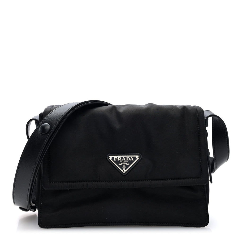 Re-Nylon Vitello Padded Small Flap Shoulder Bag Black