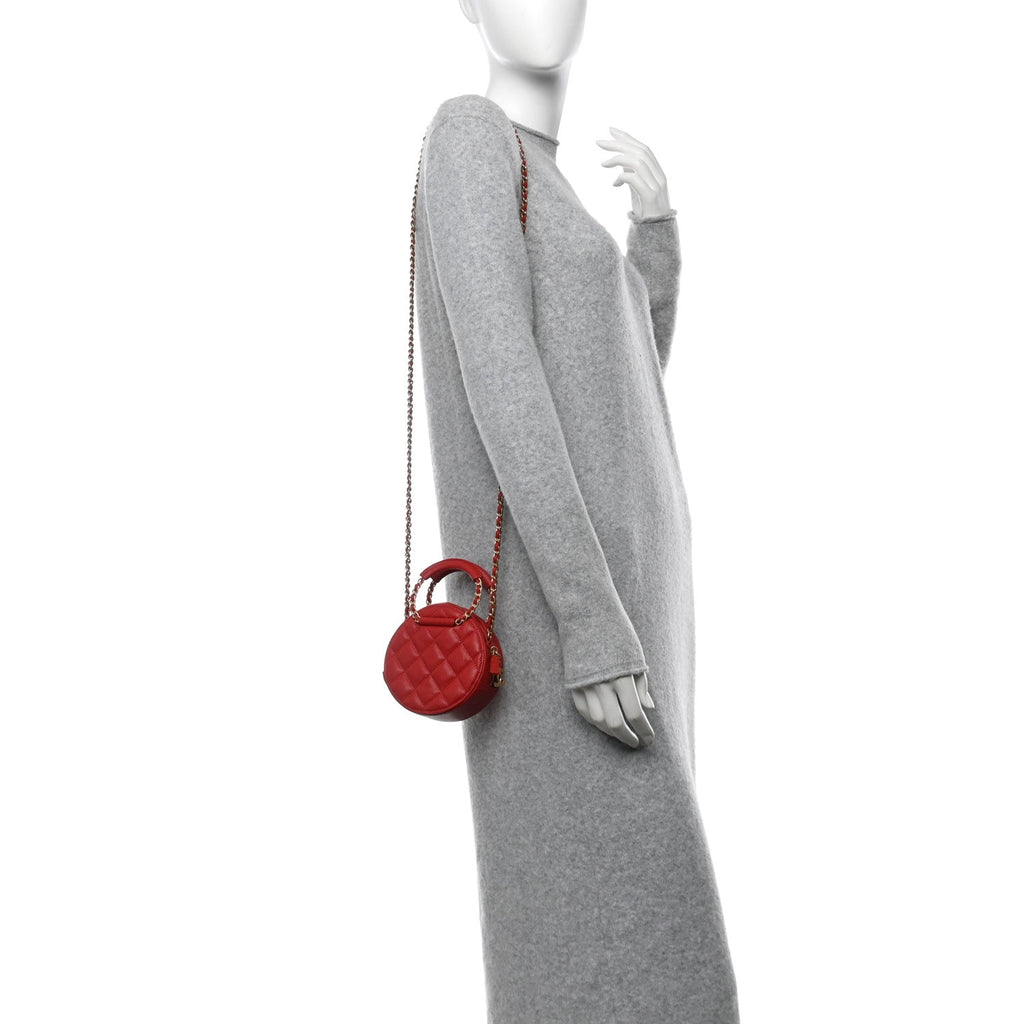 Caviar Quilted Chain Handle Round Clutch With Chain Bag  Red