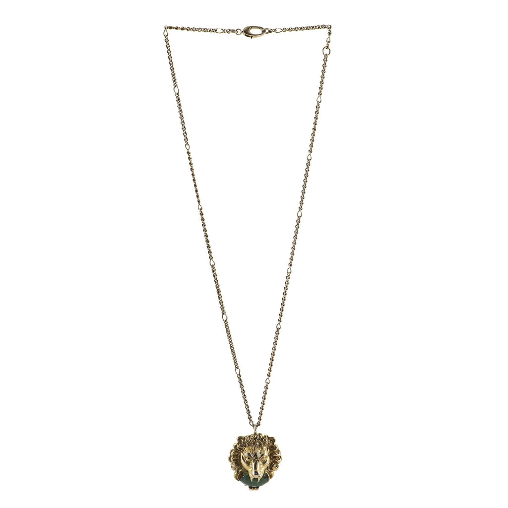Lion Head Pendant Necklace Metal and Crystal