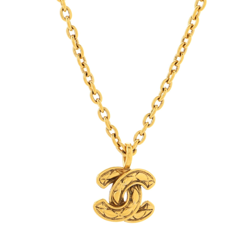 Vintage CC Pendant Necklace Quilted Metal Small