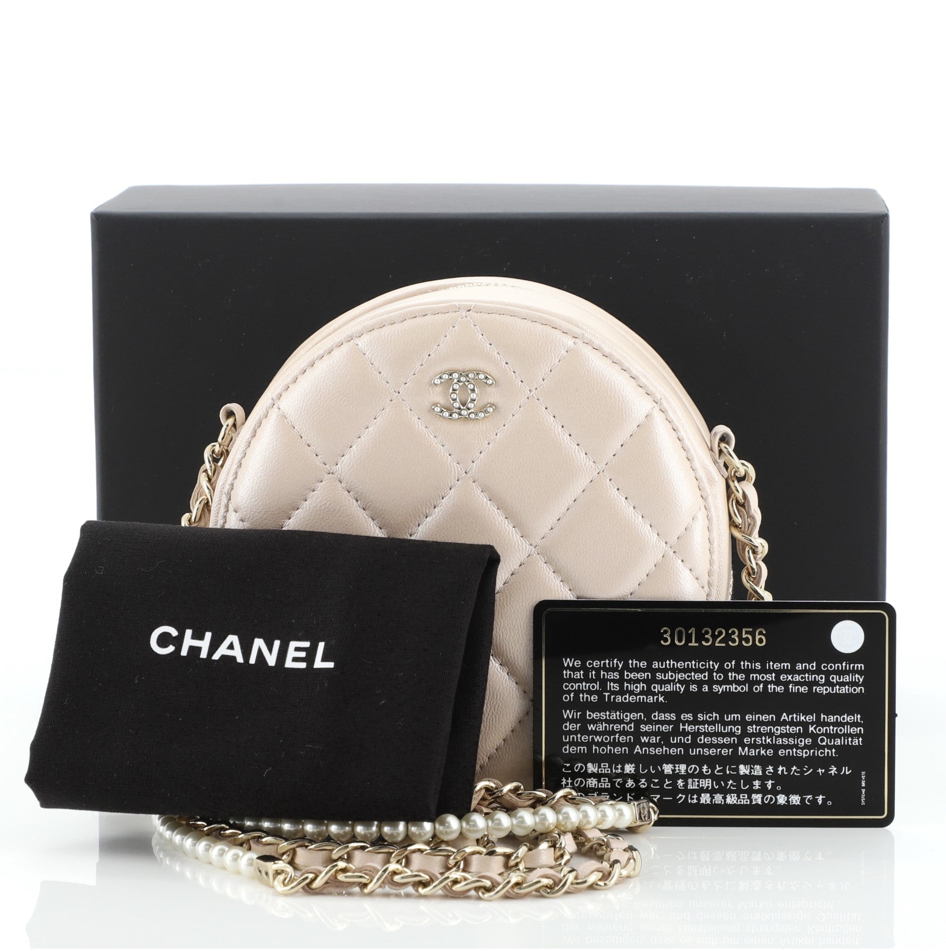 Pearl Strap Round Clutch with Chain Quilted Iridescent Lambskin
