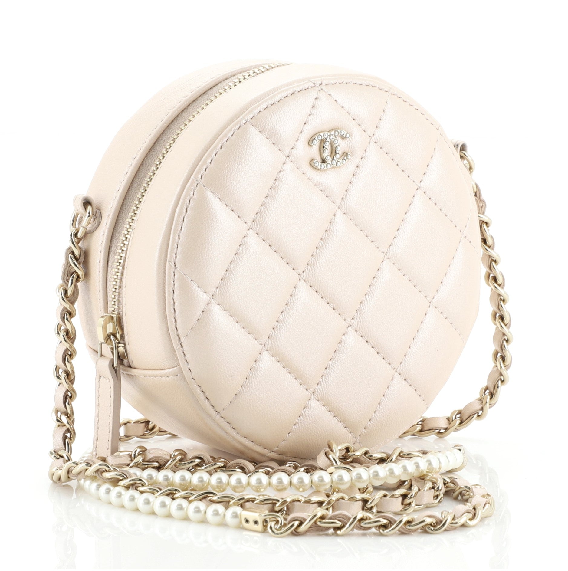 Pearl Strap Round Clutch with Chain Quilted Iridescent Lambskin