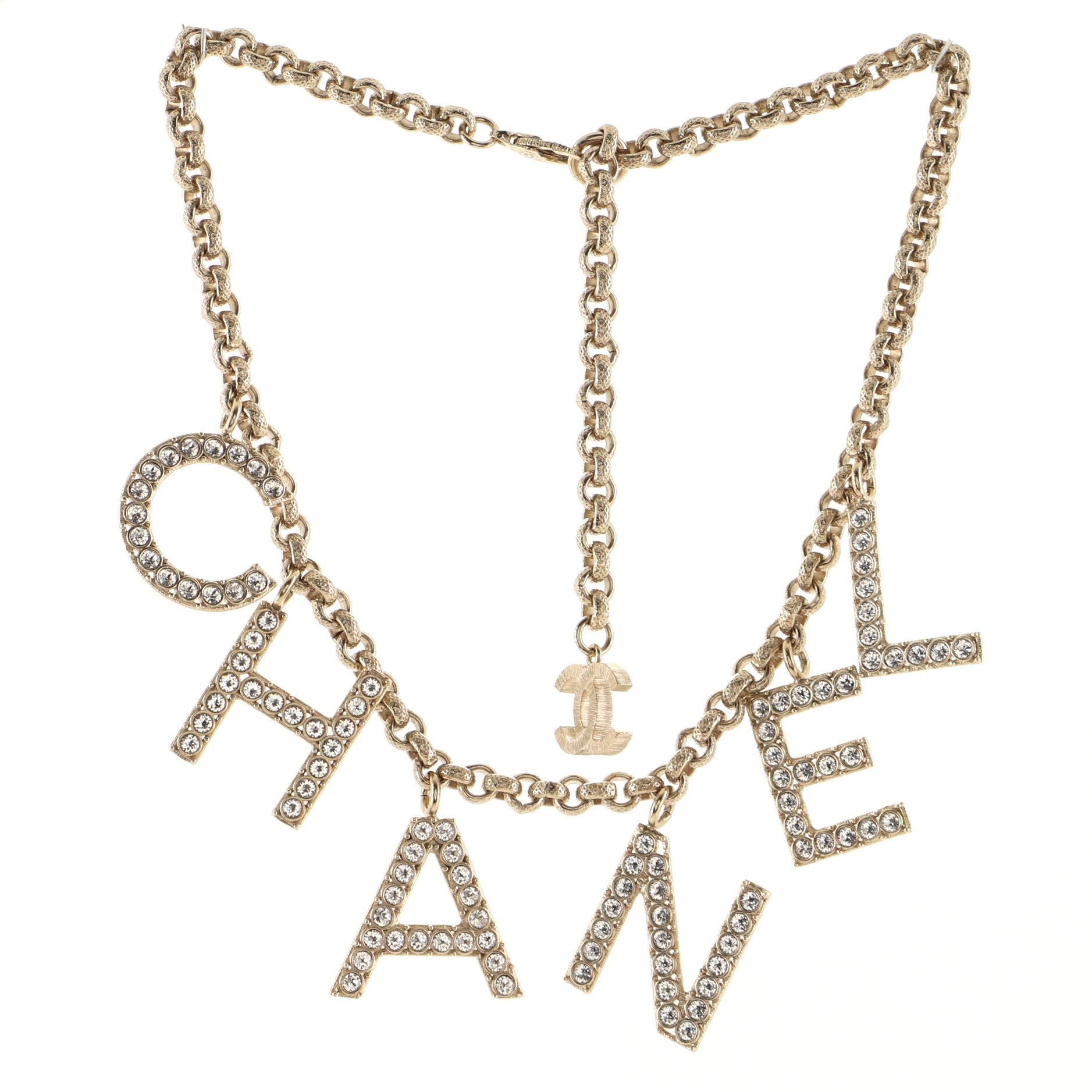 CHA-NEL Logo Necklace Metal with Crystals