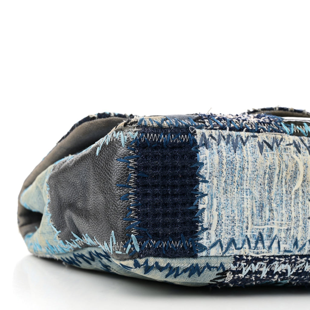 Denim Tweed Patchwork Jumbo Single Flap Blue