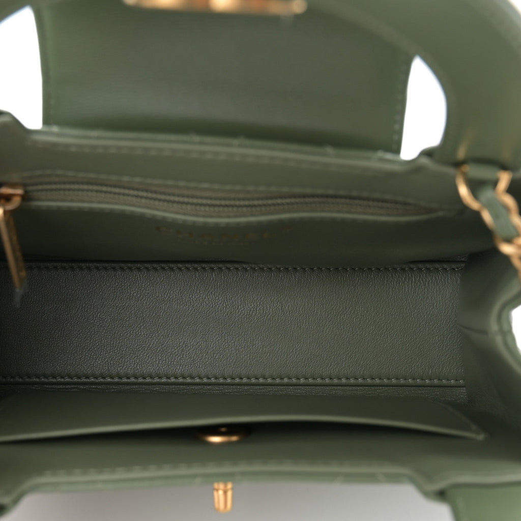 Shiny Aged Calfskin Quilted Nano Kelly Shopper Khaki
