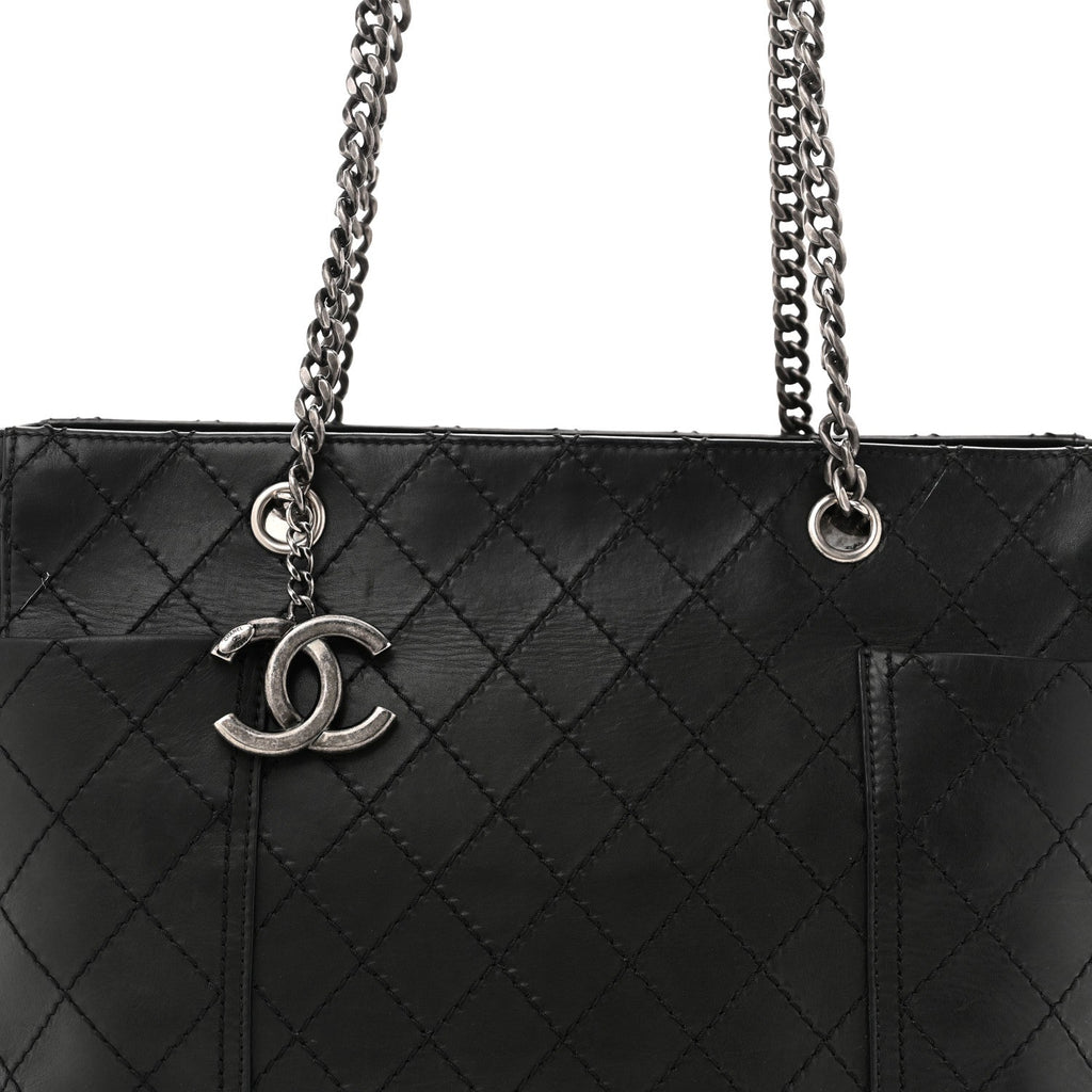 Lambskin Stitched Shopping Tote Black