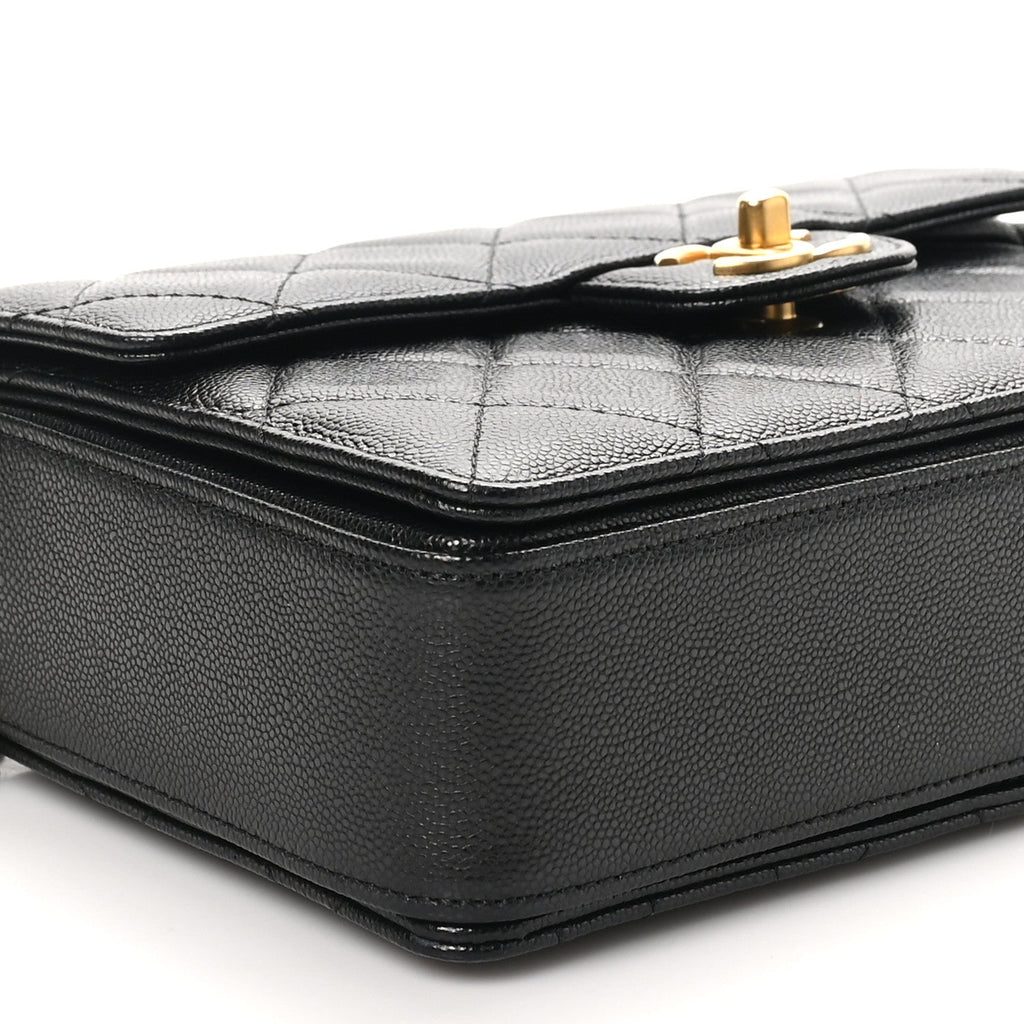 Shiny Caviar Quilted Small Top Handle Flap  Black