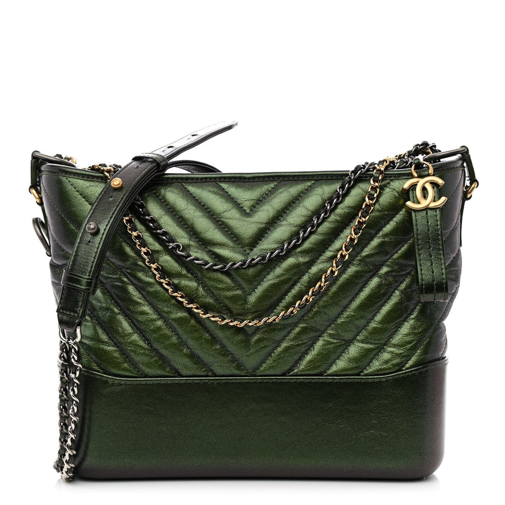 Metallic Aged Calfskin Chevron Quilted Medium Gabrielle Hobo Green