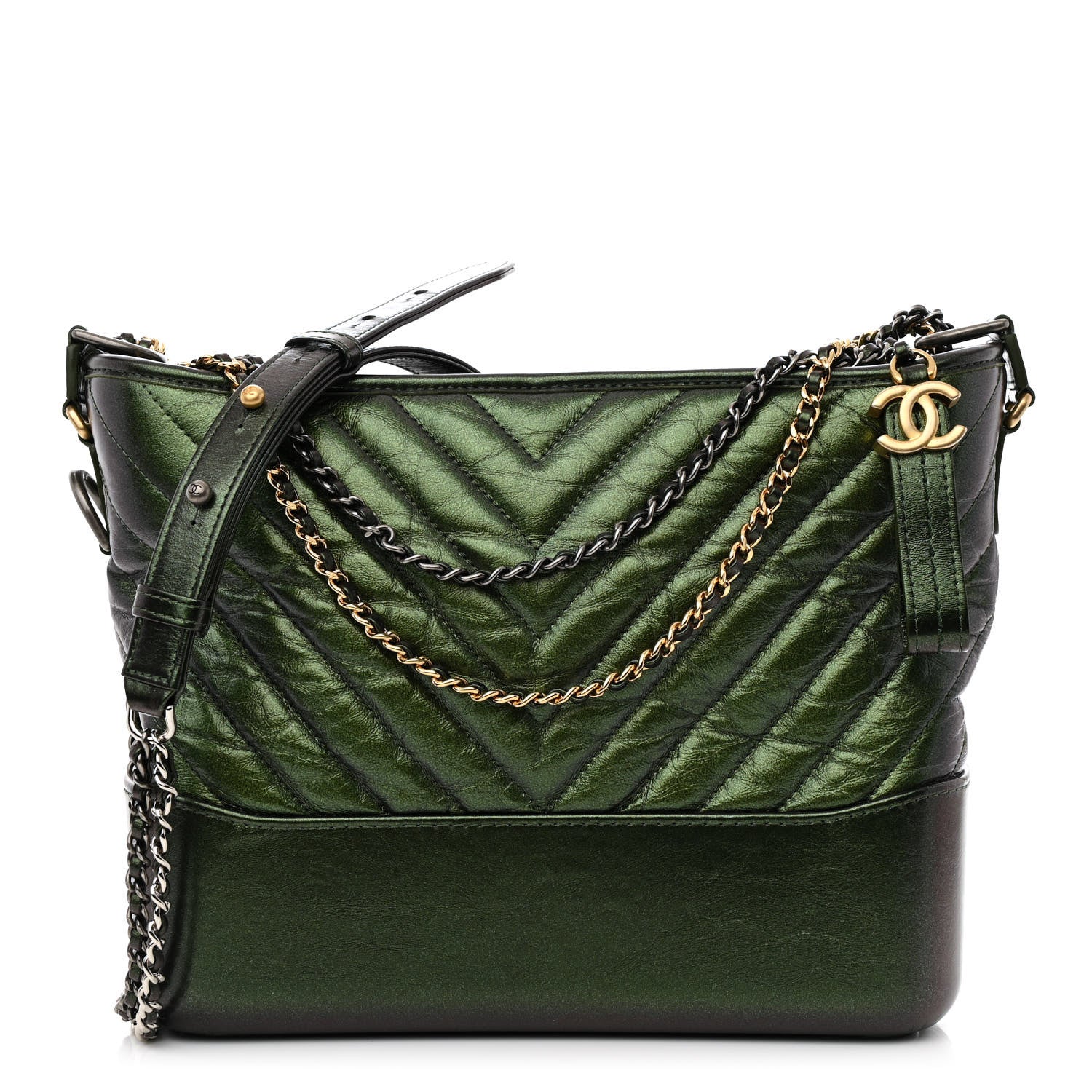 Metallic Aged Calfskin Chevron Quilted Medium Gabrielle Hobo Green