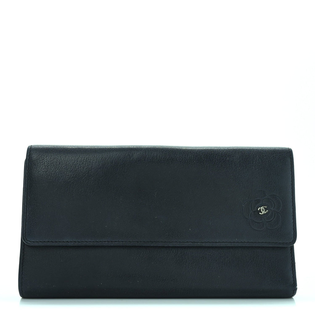 Goatskin Camellia Embossed Flap Wallet Black