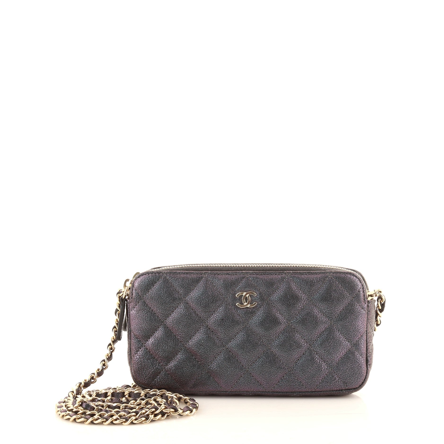 Double Zip Clutch with Chain Quilted Iridescent Caviar