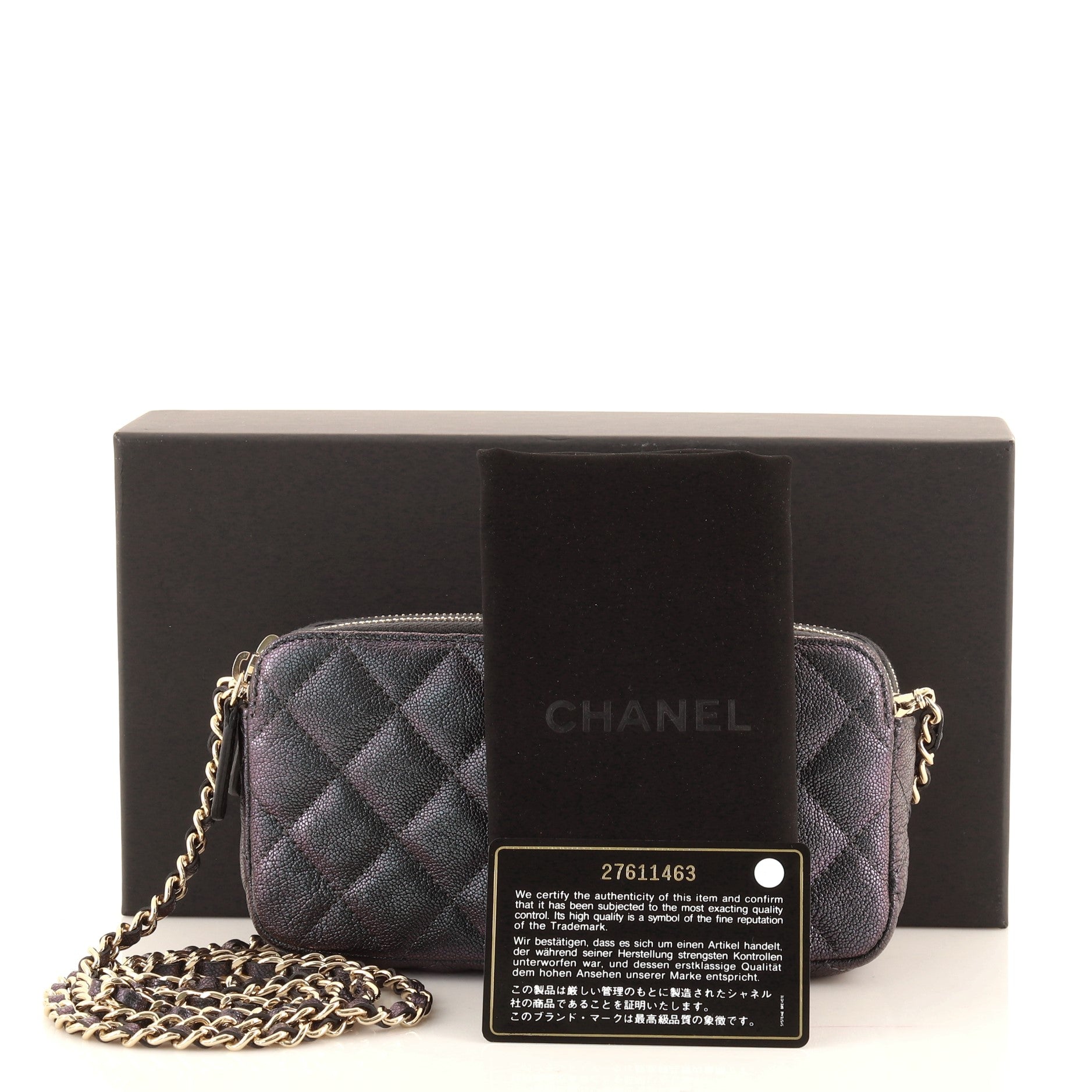 Double Zip Clutch with Chain Quilted Iridescent Caviar