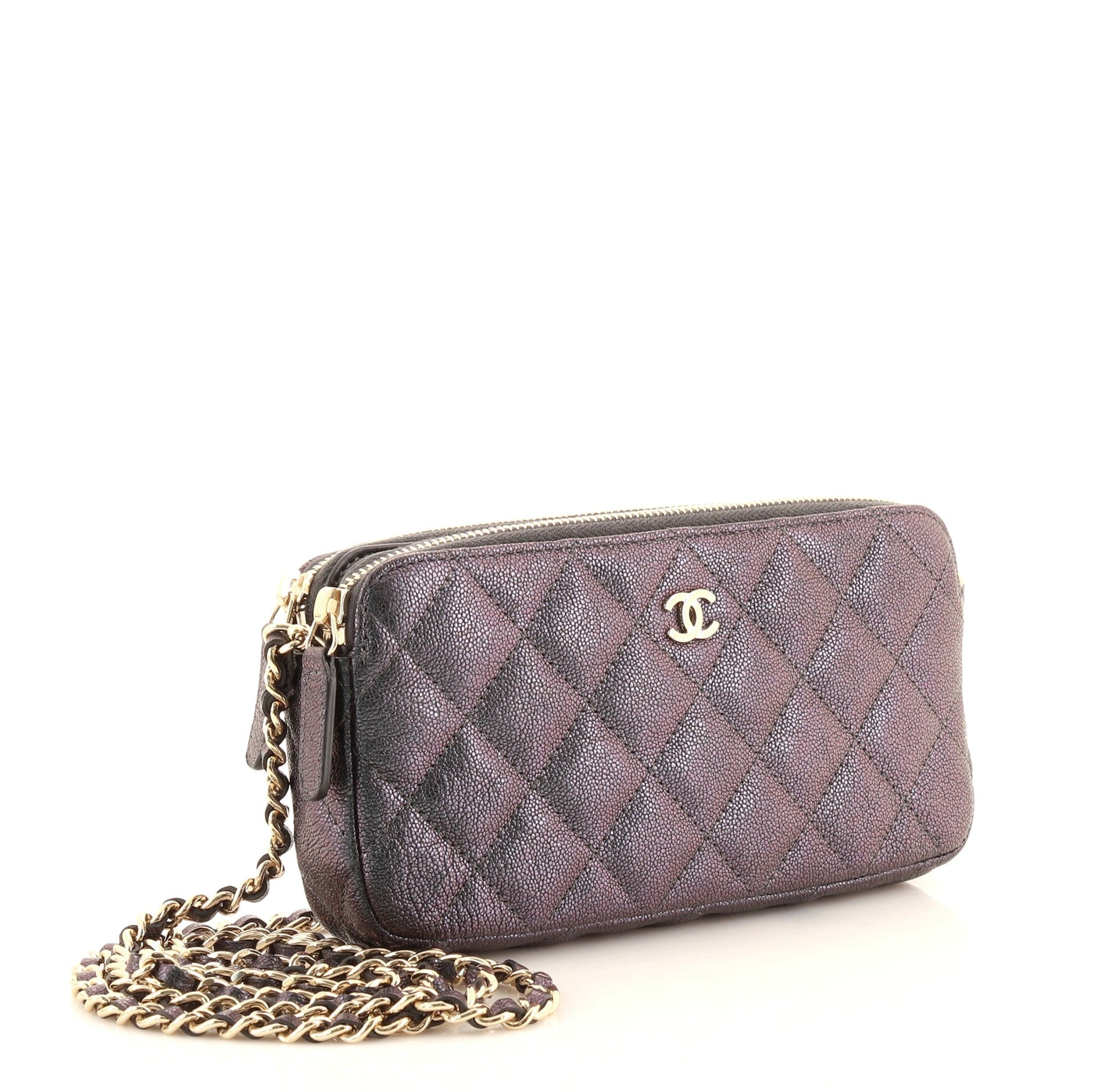 Double Zip Clutch with Chain Quilted Iridescent Caviar