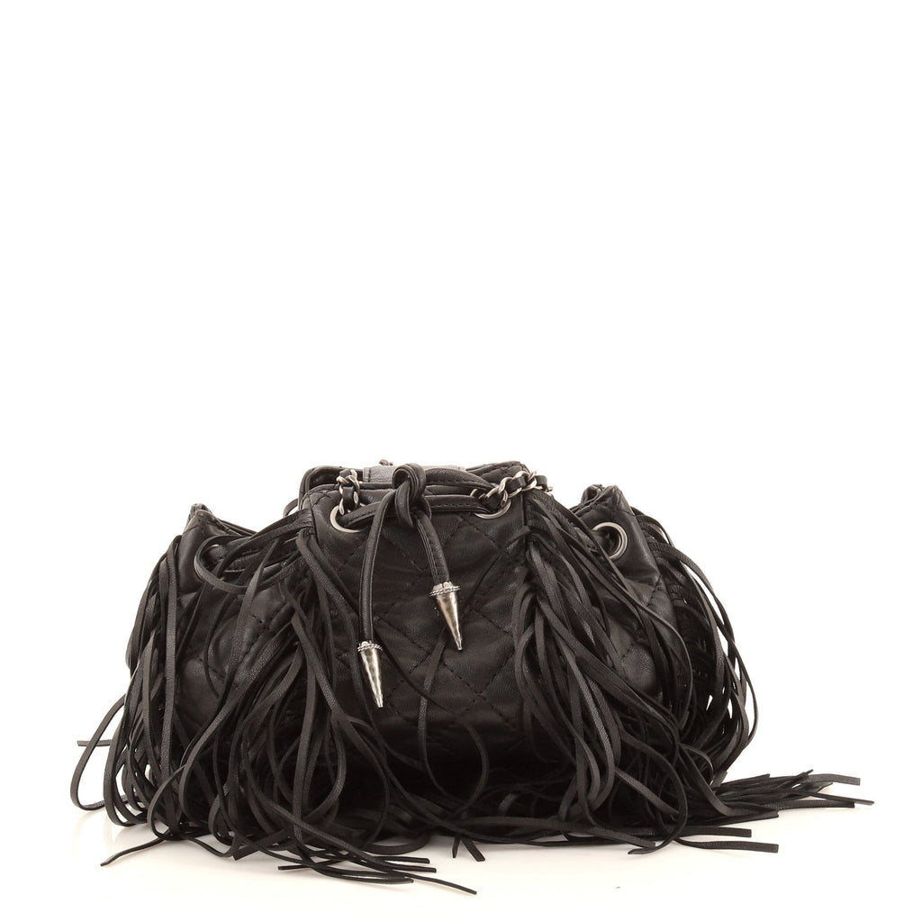 Paris-Dallas Drawstring Fringe Shoulder Bag Quilted Leather Mini