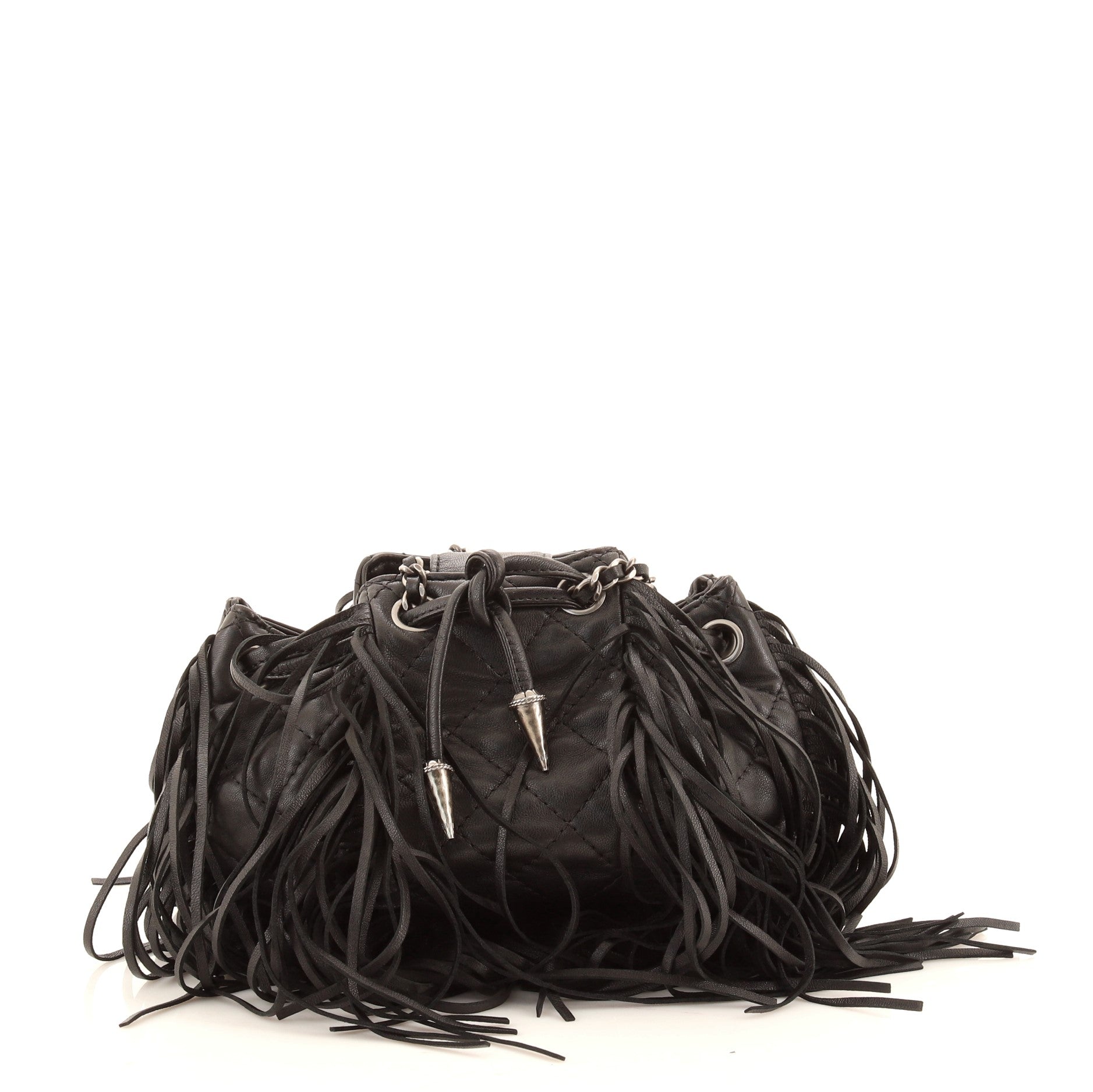Paris-Dallas Drawstring Fringe Shoulder Bag Quilted Leather Mini