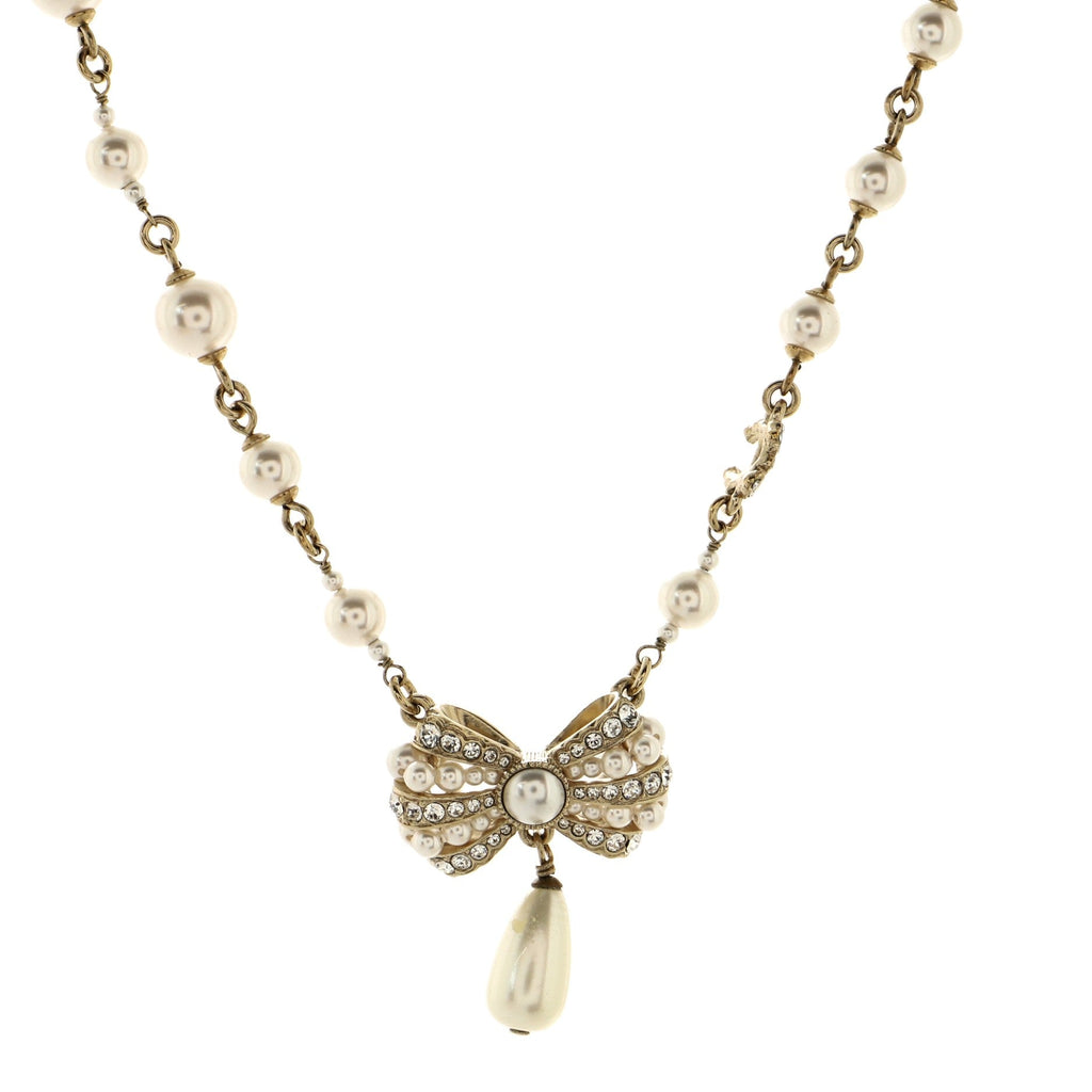 Tear Drop Ribbon Necklace Metal and Faux Pearls
