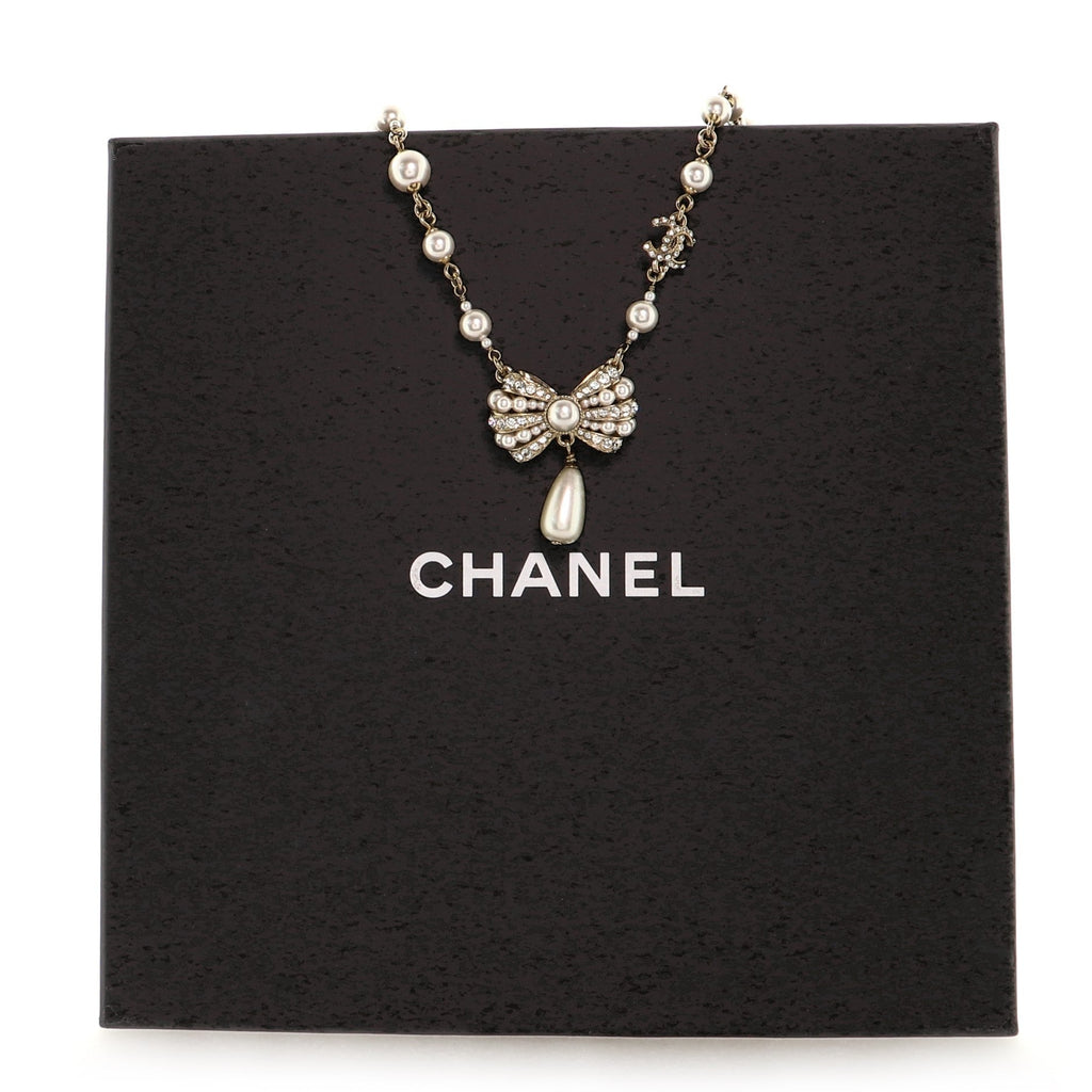 Tear Drop Ribbon Necklace Metal and Faux Pearls