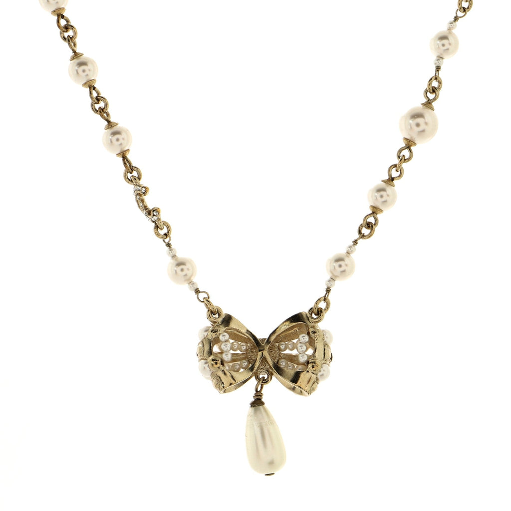 Tear Drop Ribbon Necklace Metal and Faux Pearls