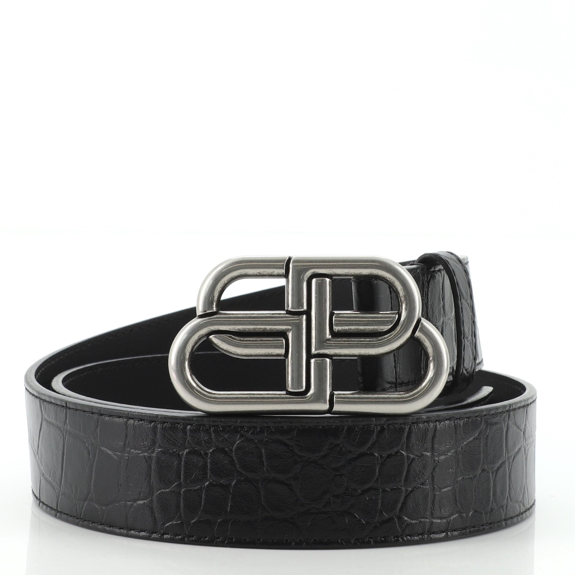 BB Buckle Belt Crocodile Embossed Leather Medium 85