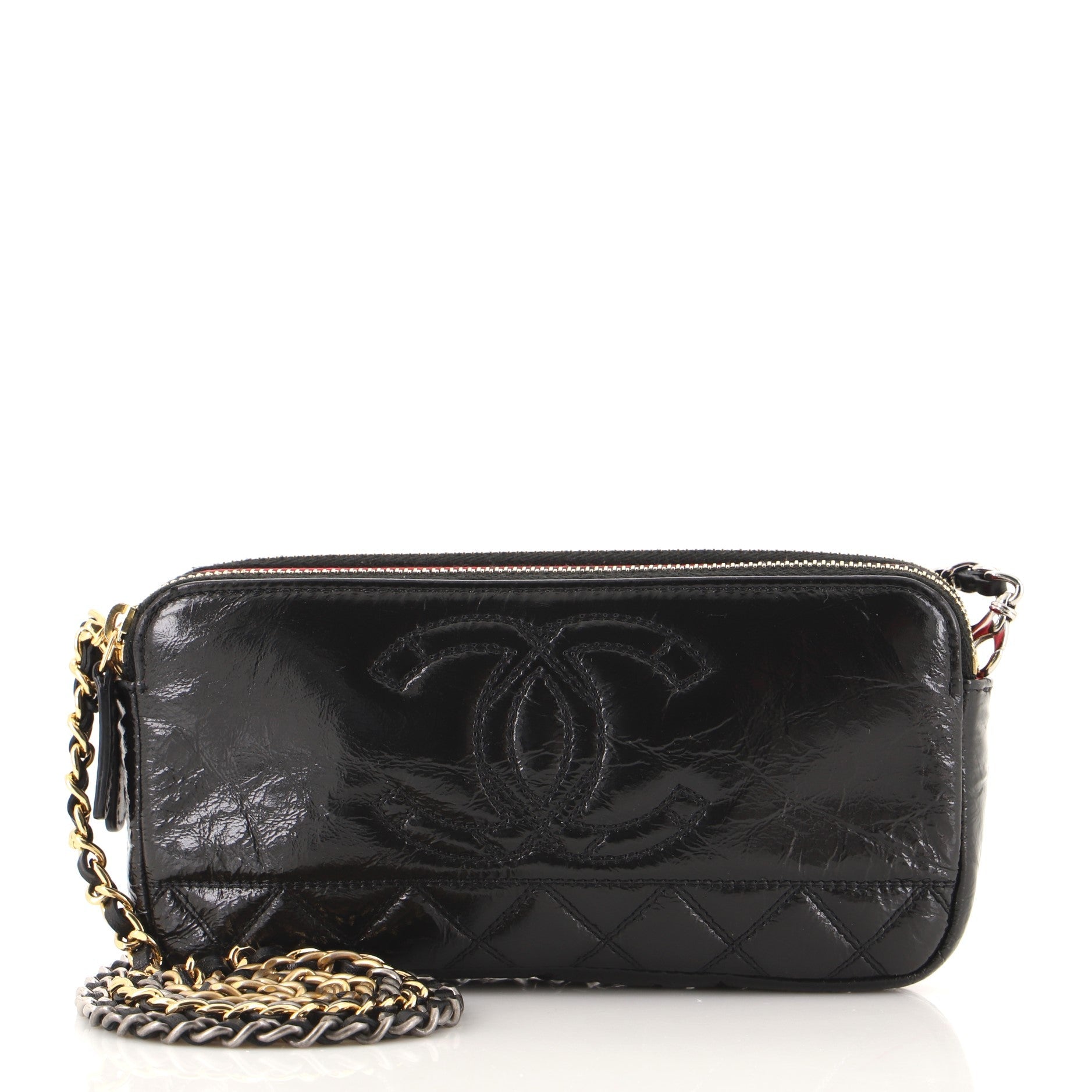 CC Double Zip Clutch with Chain Quilted Glazed Aged Calfskin