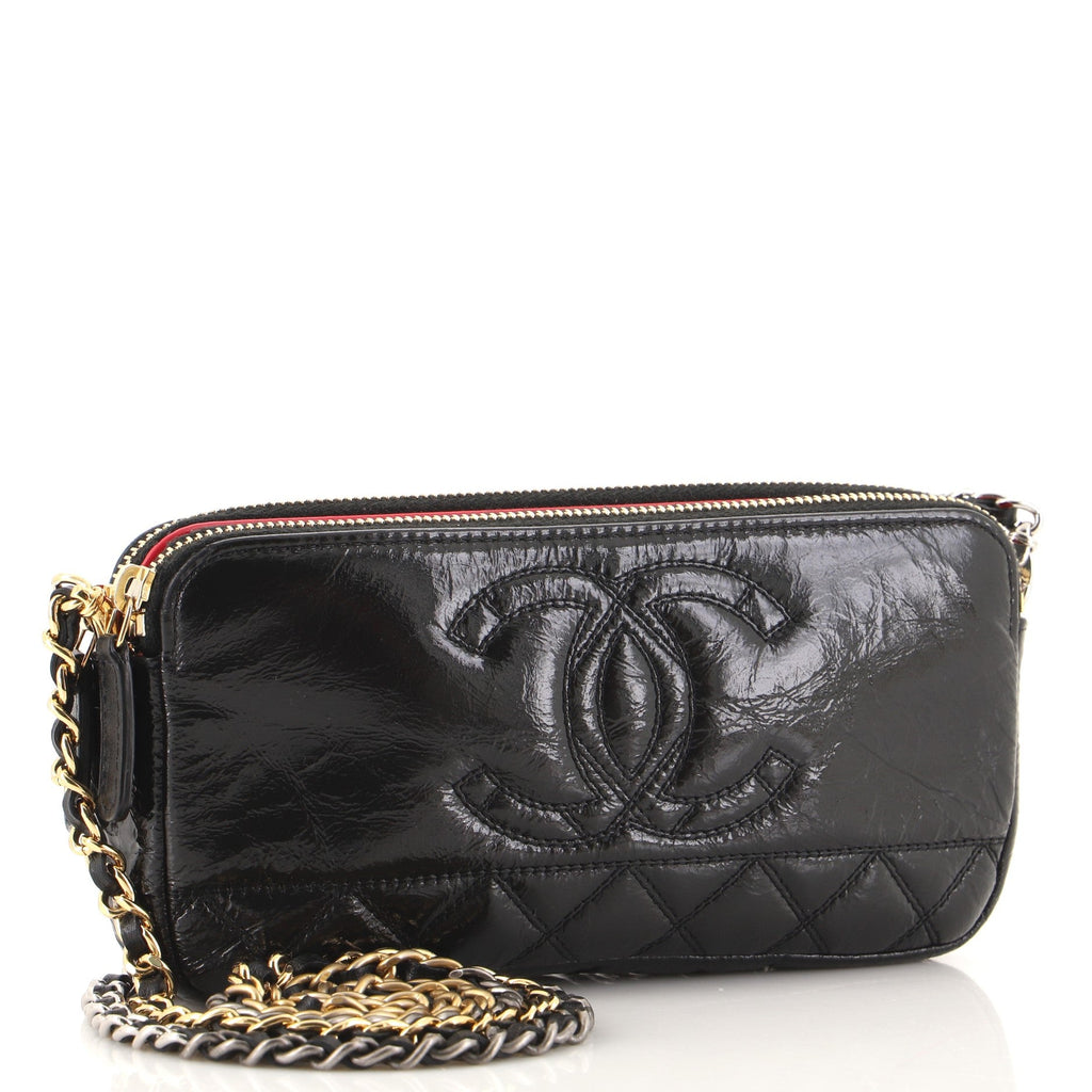 CC Double Zip Clutch with Chain Quilted Glazed Aged Calfskin