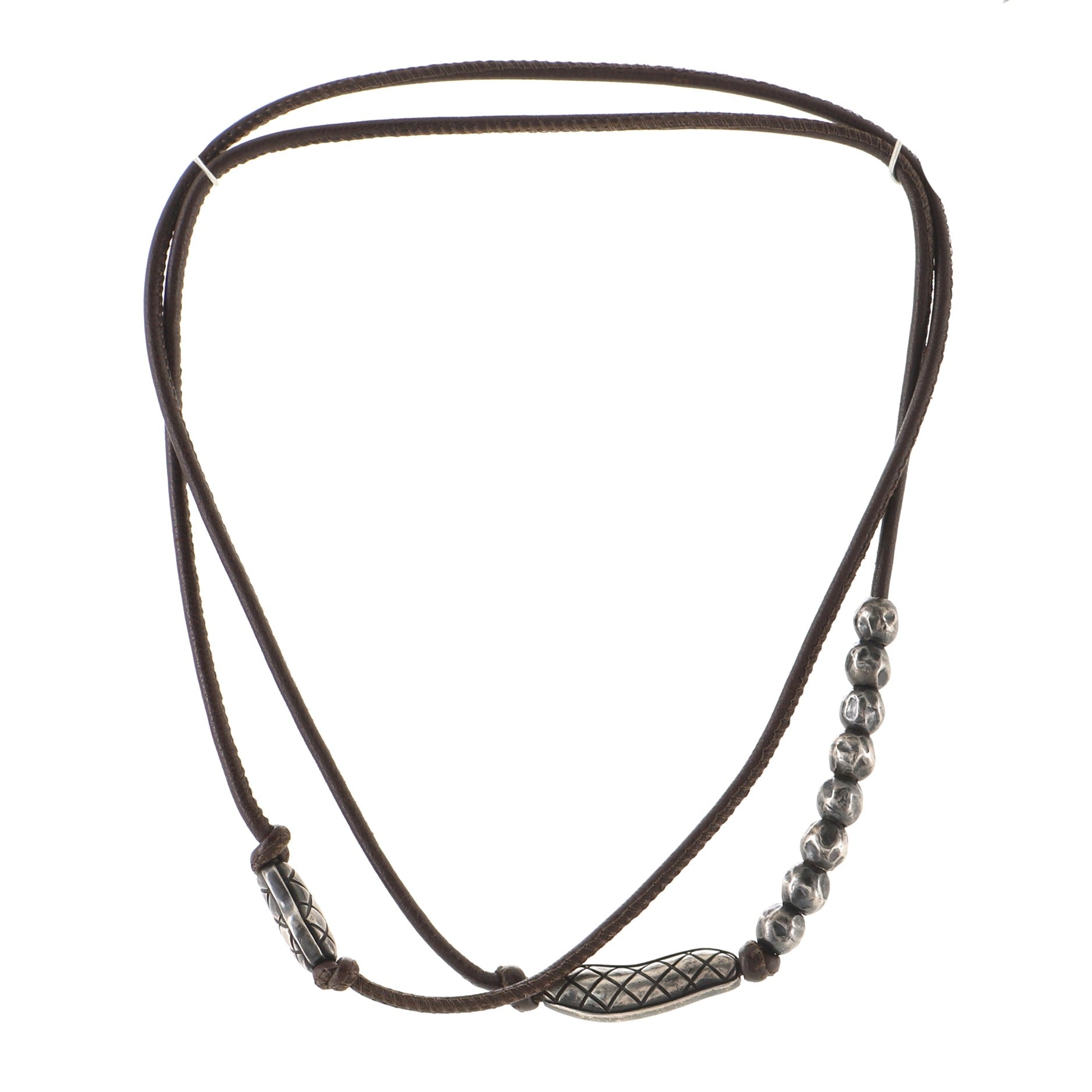 Beaded Long Necklace Faux Leather and Sterling Silver