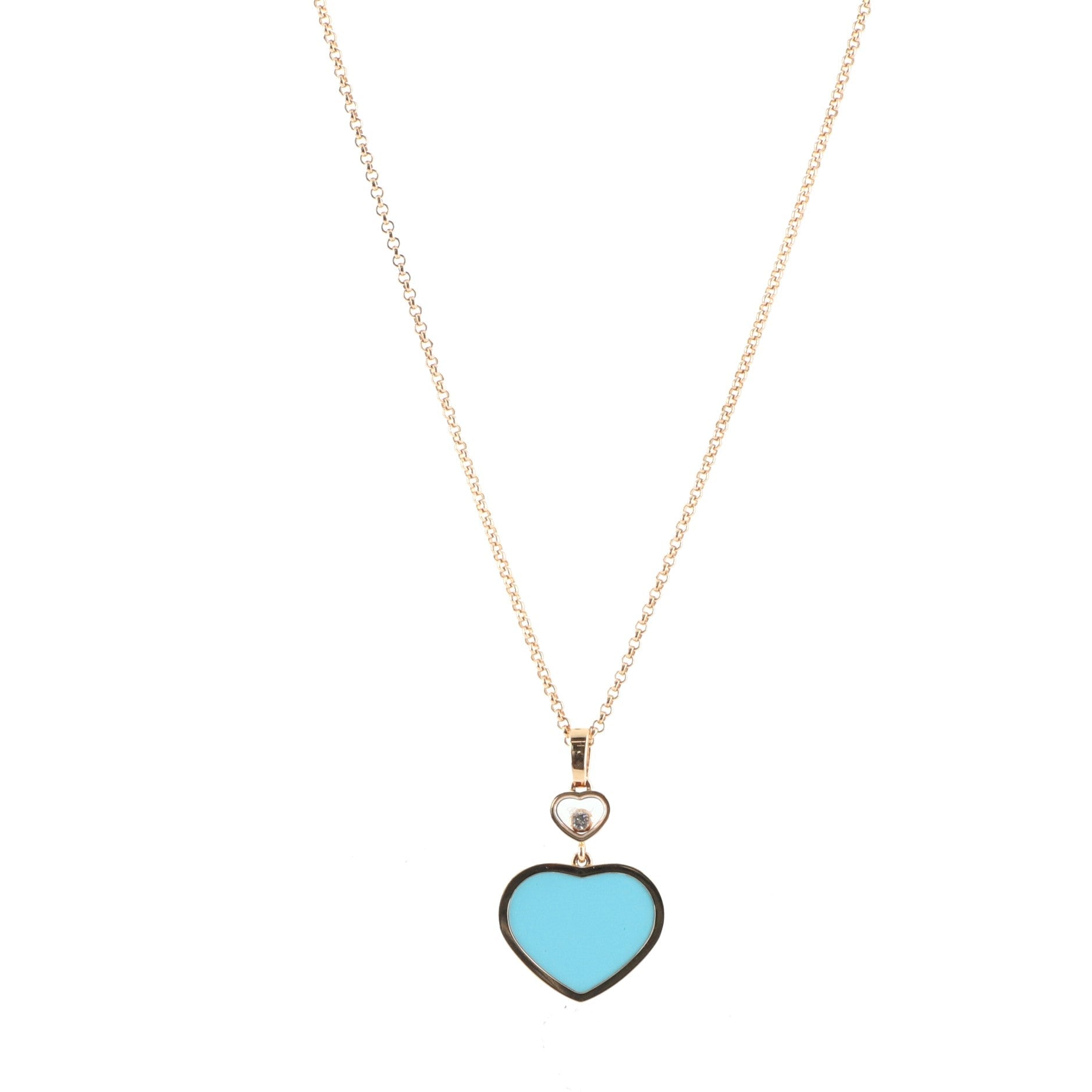 Happy Hearts Pendant Necklace 18K Rose Gold with Turquoise and Floating Diamond