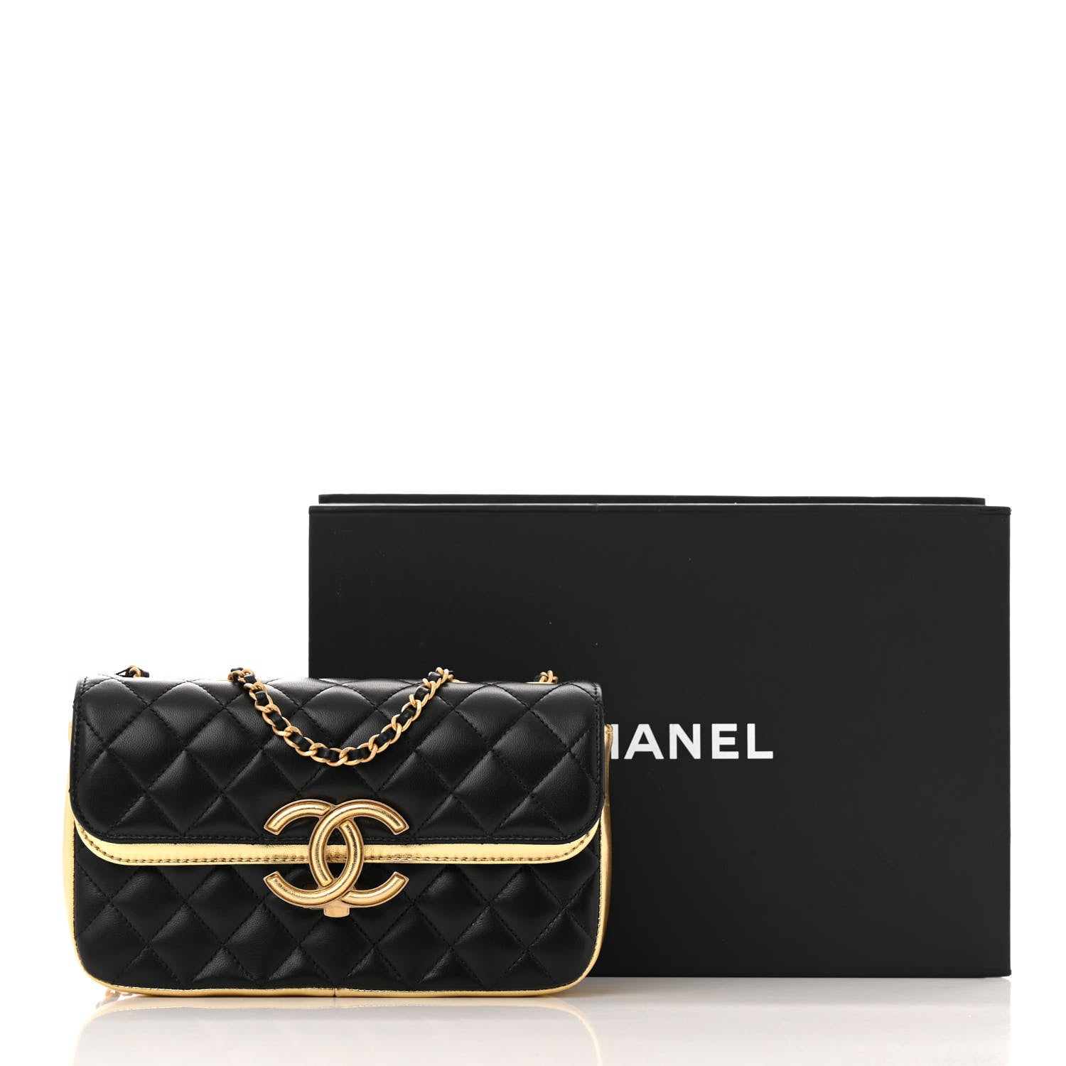 Lambskin Metallic Quilted Small CC Chic Double Flap Black Gold