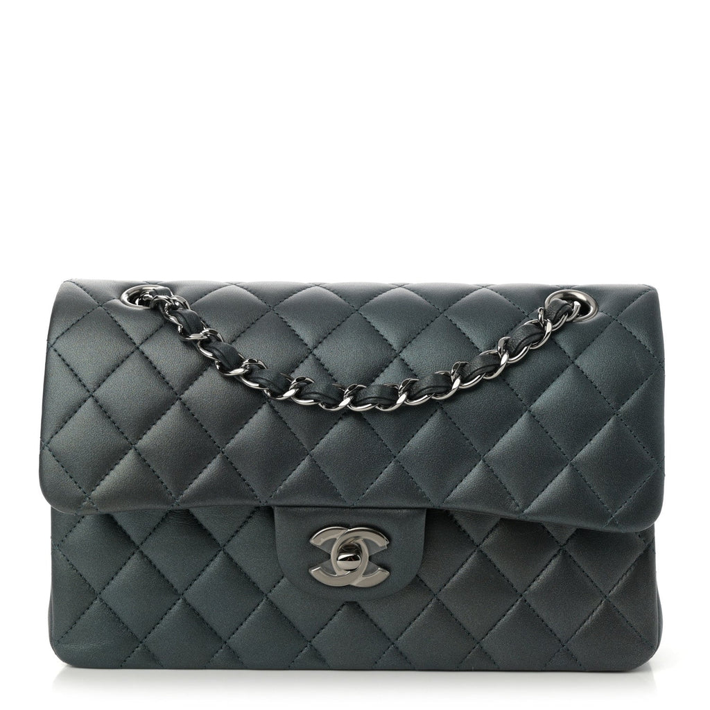 Iridescent Lambskin Quilted Small Double Flap Green