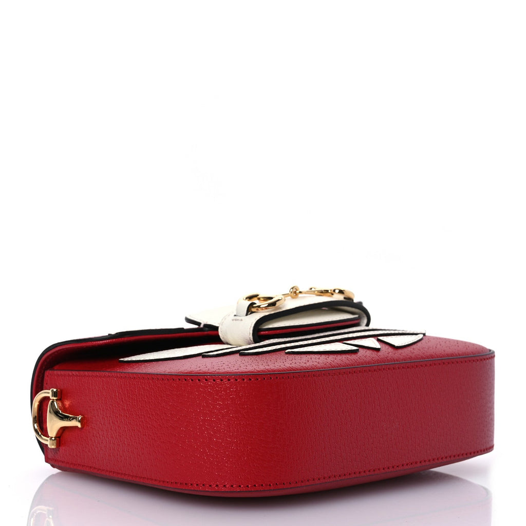 X ADIDAS Textured Dollar Calfskin Web Trefoil Mini Horsebit 1955 Shoulder Bag Hibiscus Red Off White