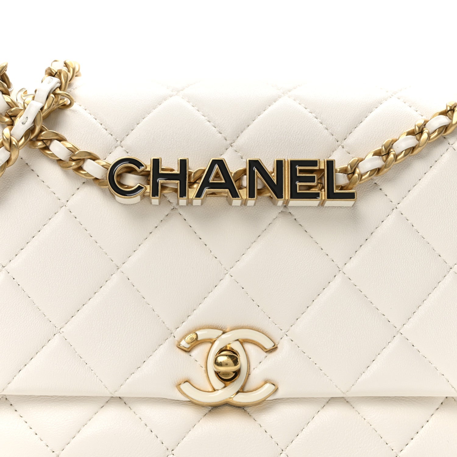 Lambskin Quilted Small Enamel Logo Chain Flap White