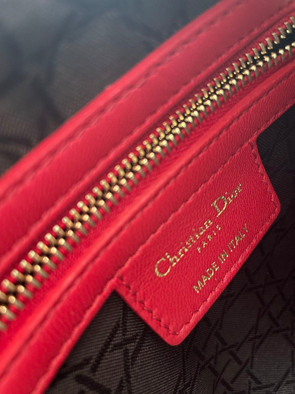 Christian Dior Red Medium Lady Dior Bag in Cannage Lambskin Leather with Gold Hardware