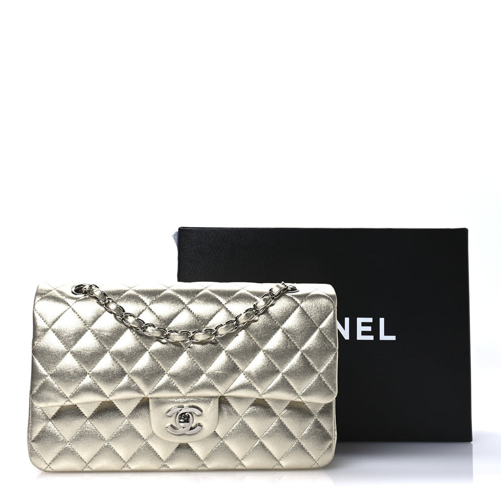 Metallic Lambskin Quilted Medium Double Flap Pale Gold
