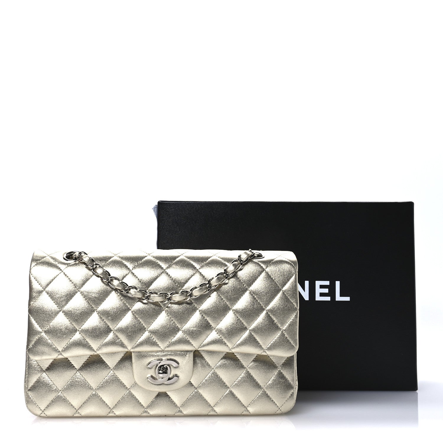 Metallic Lambskin Quilted Medium Double Flap Pale Gold