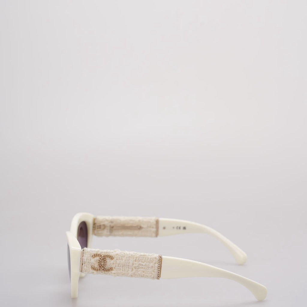 Chanel Acetate Tweed Wool CC Chain Sunglasses 5513-A White