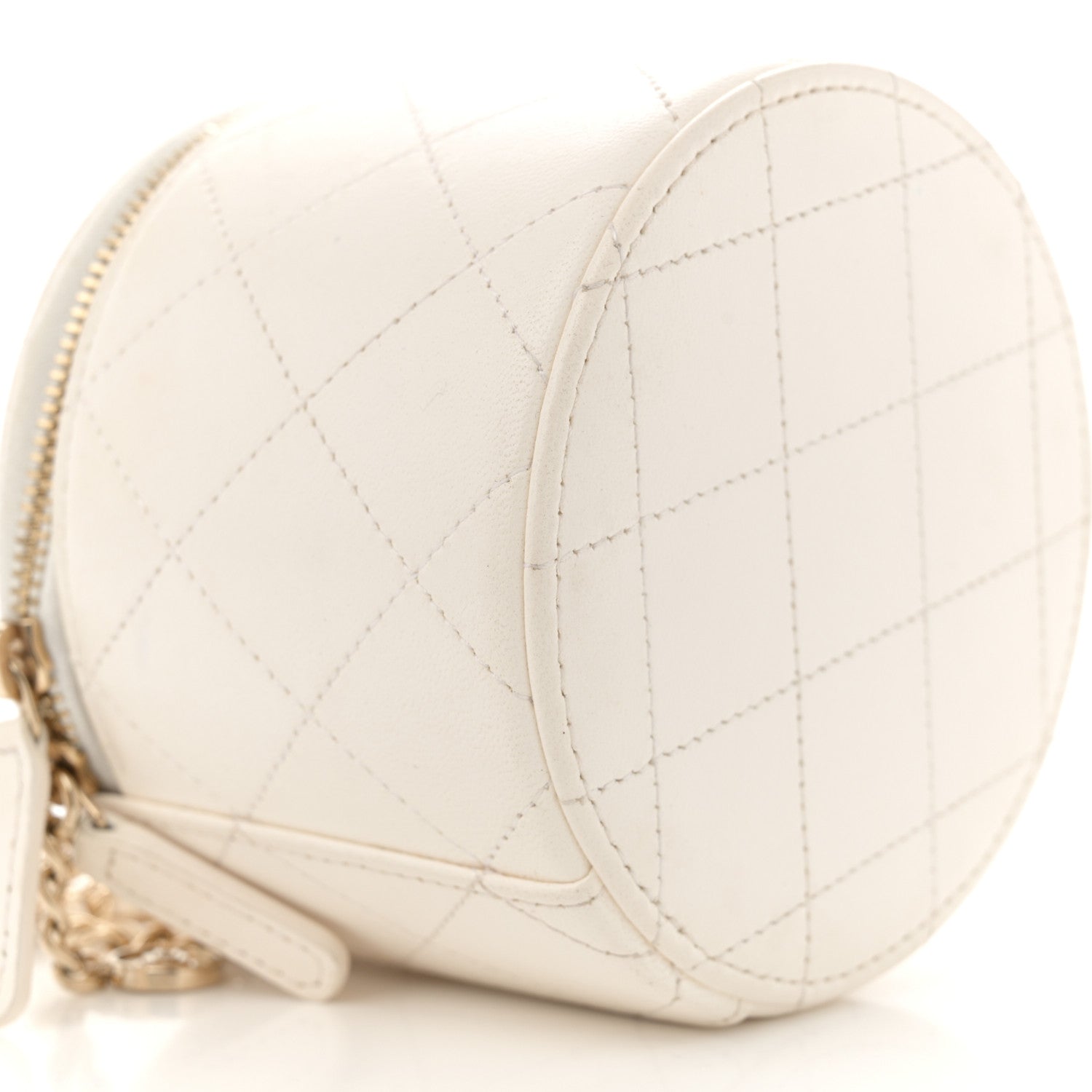 Lambskin Quilted Round Small Vanity Case With Chain White Black