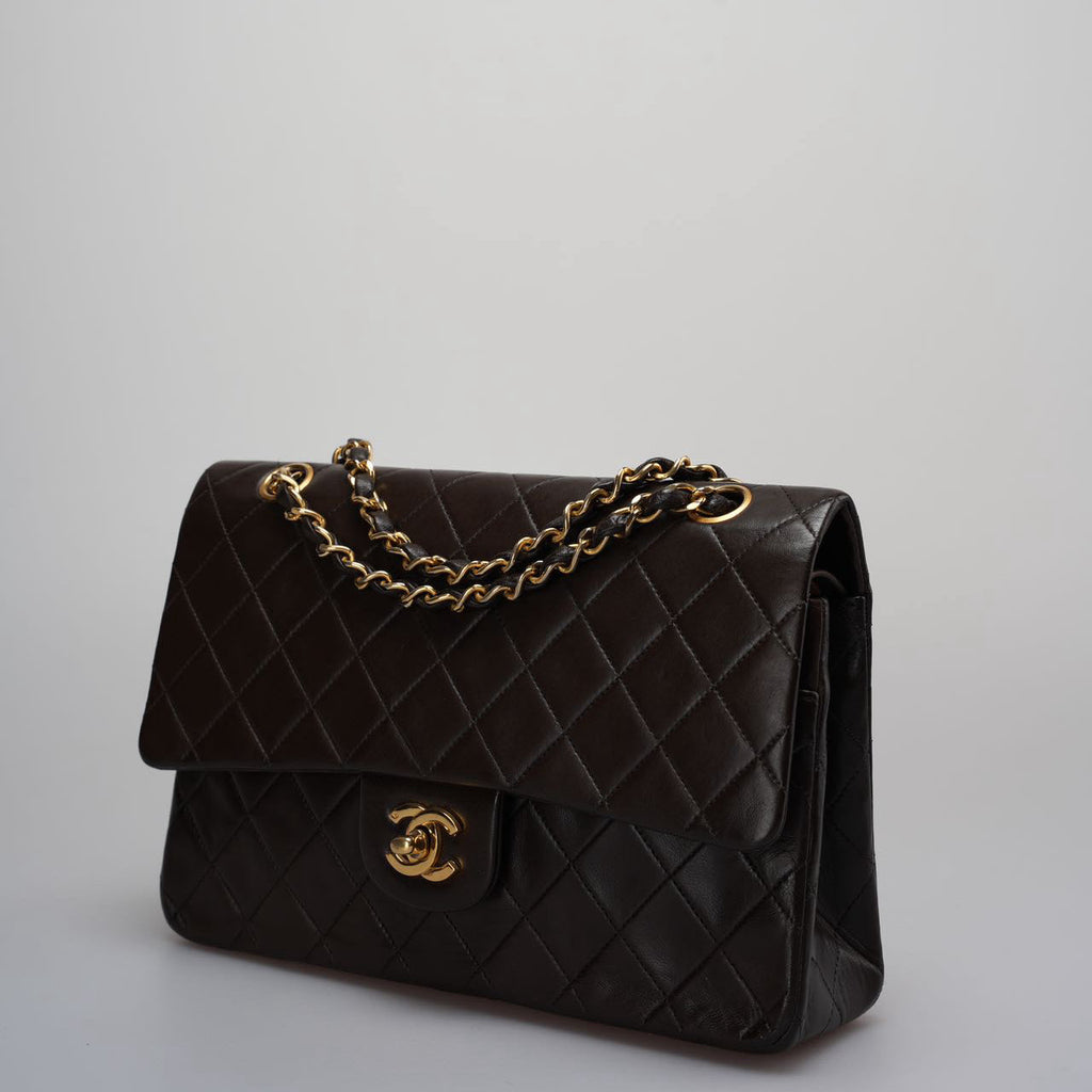 Chanel Vintage Classic Flap Bag in Chocolate Brown With 24k Gold Hardware Medium Size