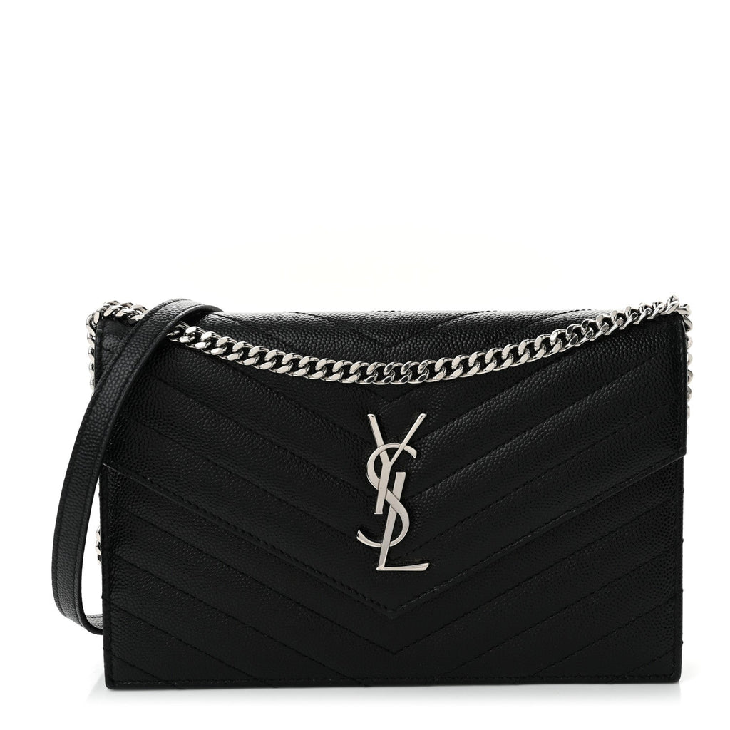 Grain De Poudre Matelasse Chevron Monogram Envelope Chain Wallet Black