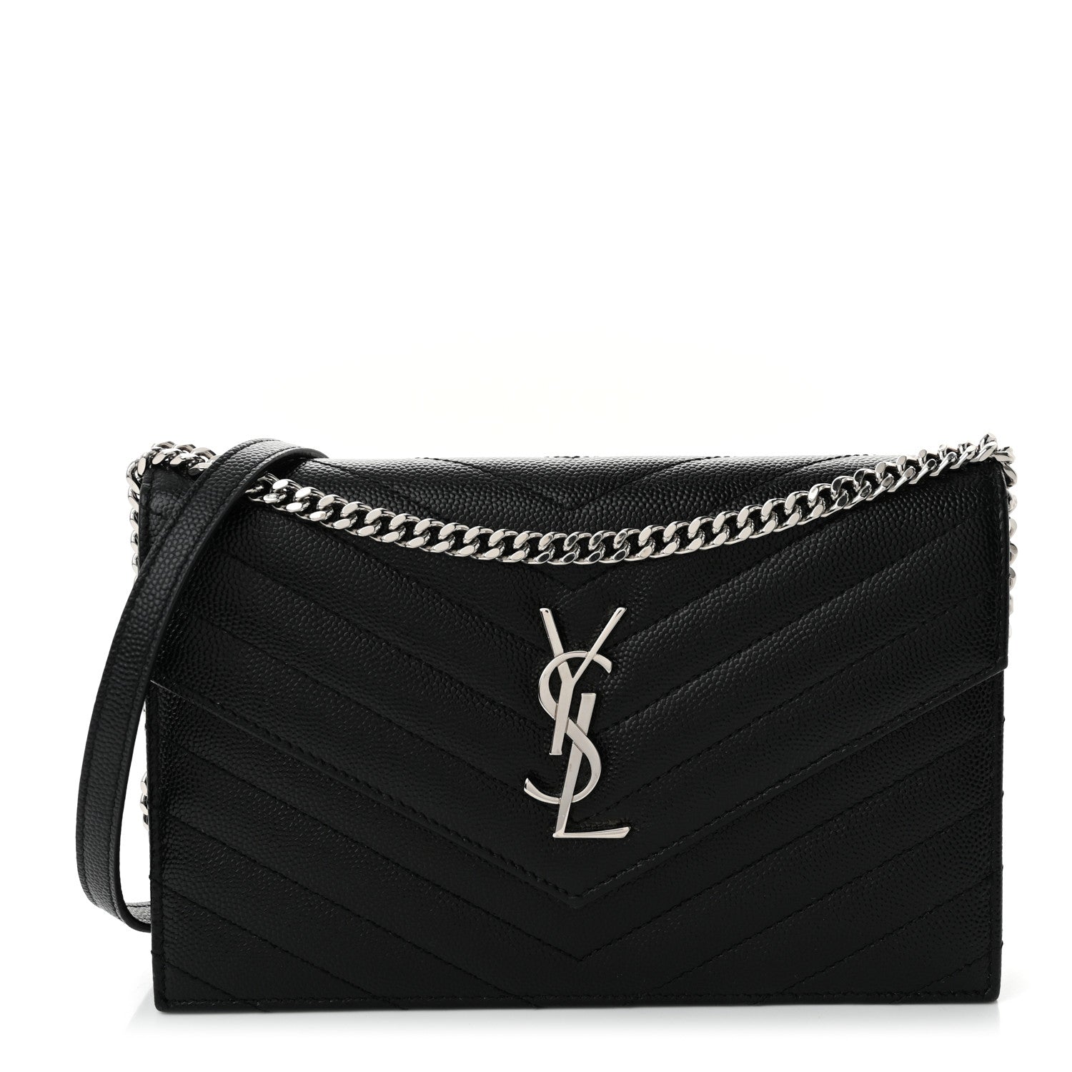 Grain De Poudre Matelasse Chevron Monogram Envelope Chain Wallet Black