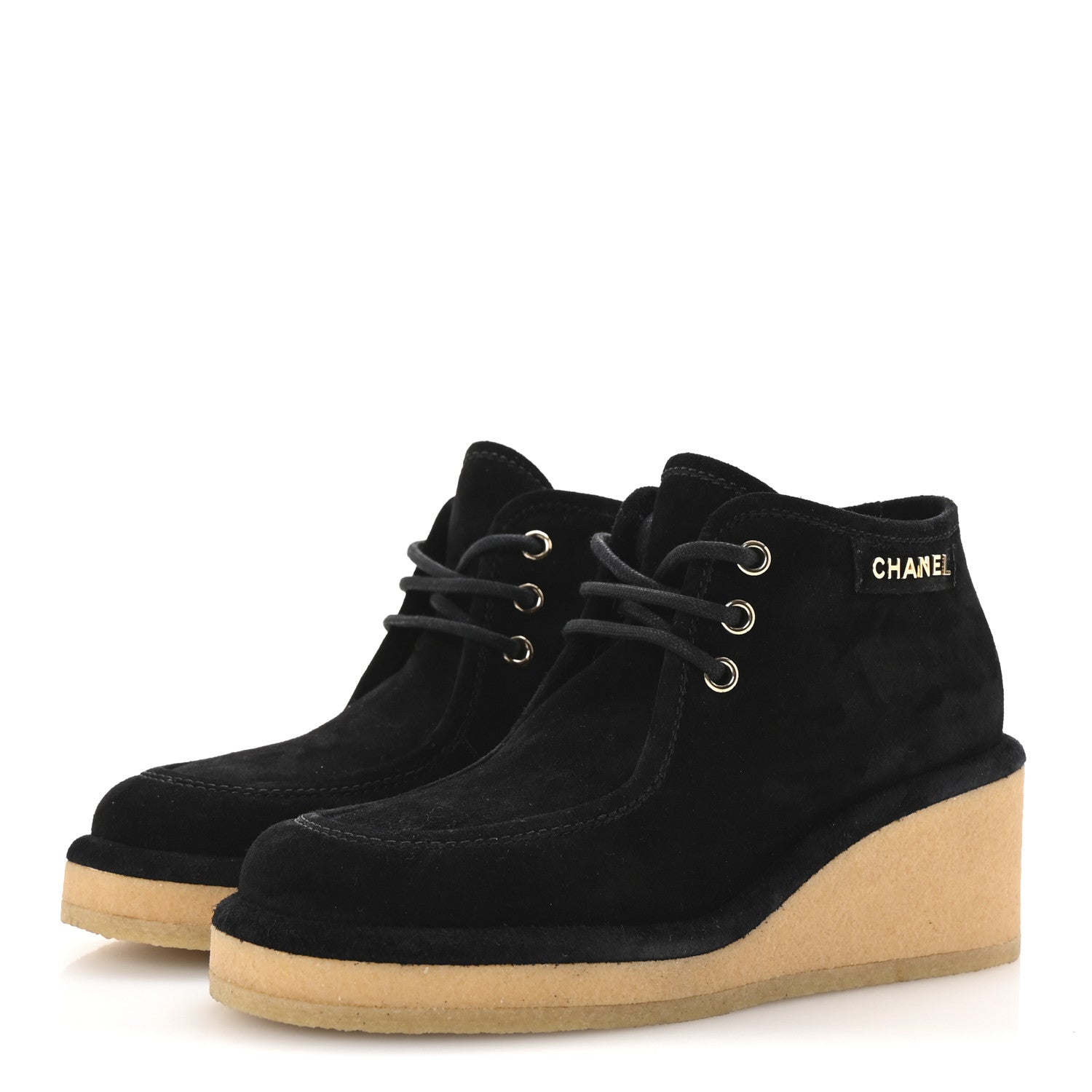Suede Calfskin Lace Up Wedge Booties 36.5 Black