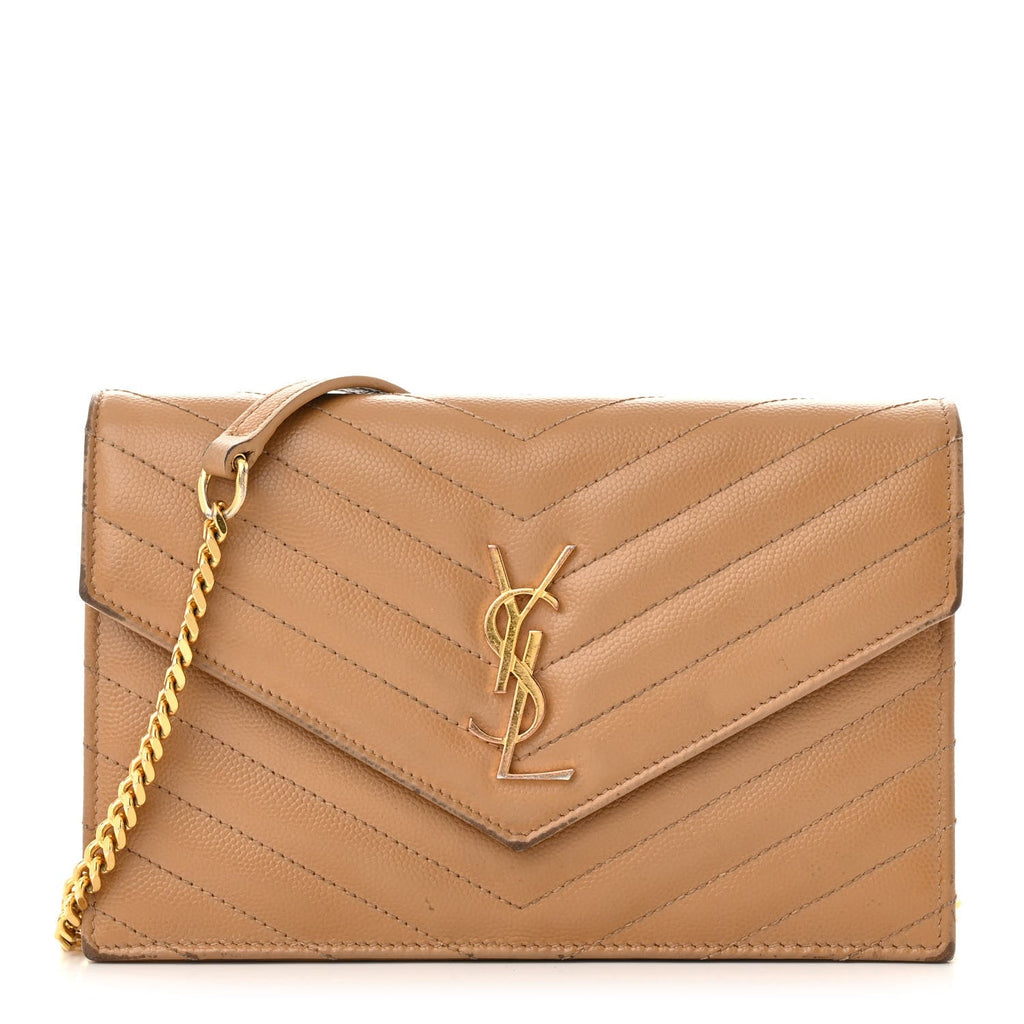 Grain De Poudre Matelasse Chevron Monogram Envelope Chain Wallet Dark Beige