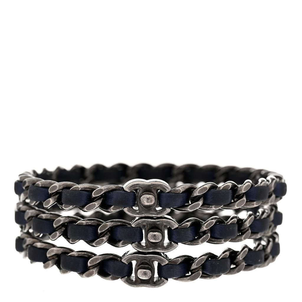 Lambskin Ruthenium Chain CC Bangle Bracelets Set of 3 Navy