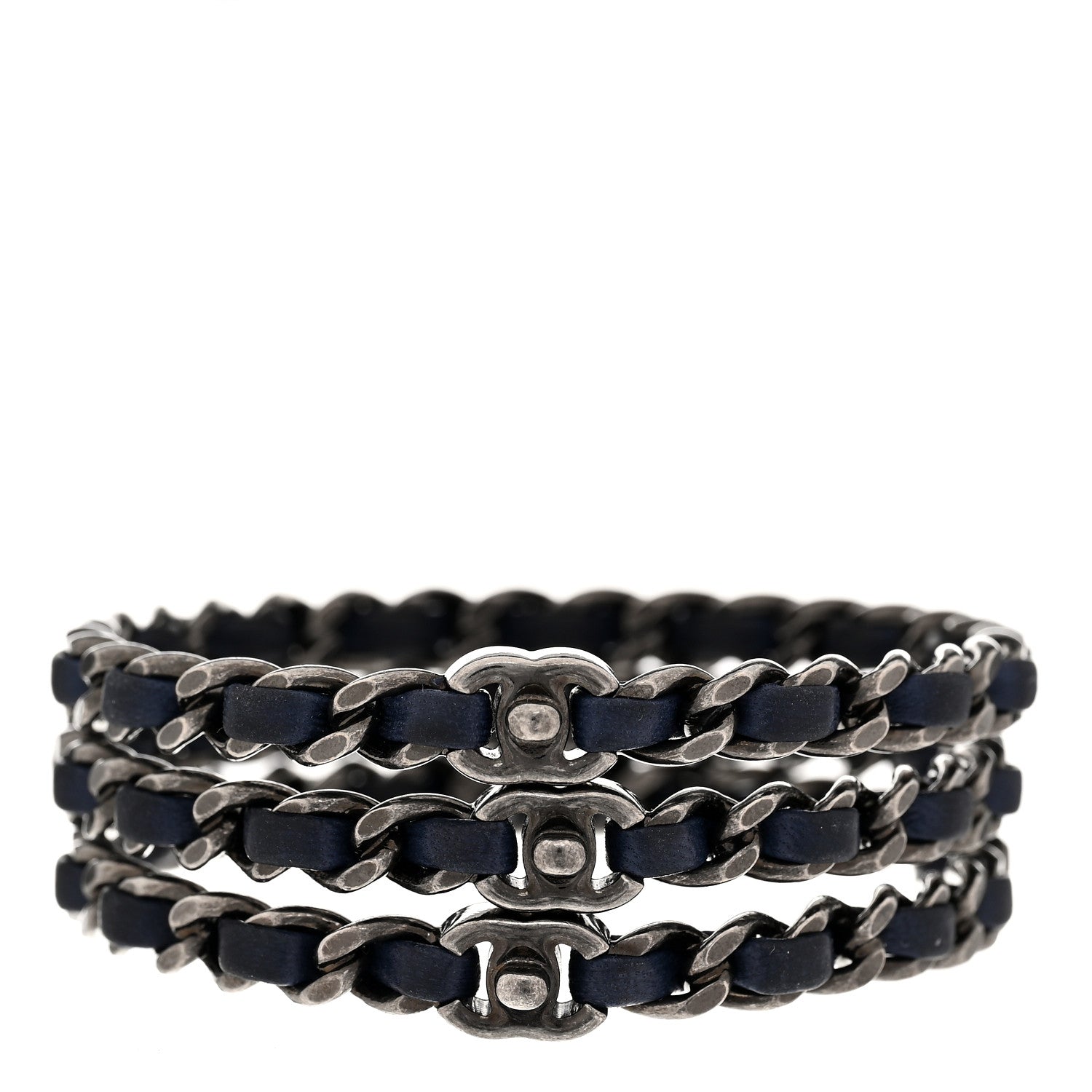 Lambskin Ruthenium Chain CC Bangle Bracelets Set of 3 Navy
