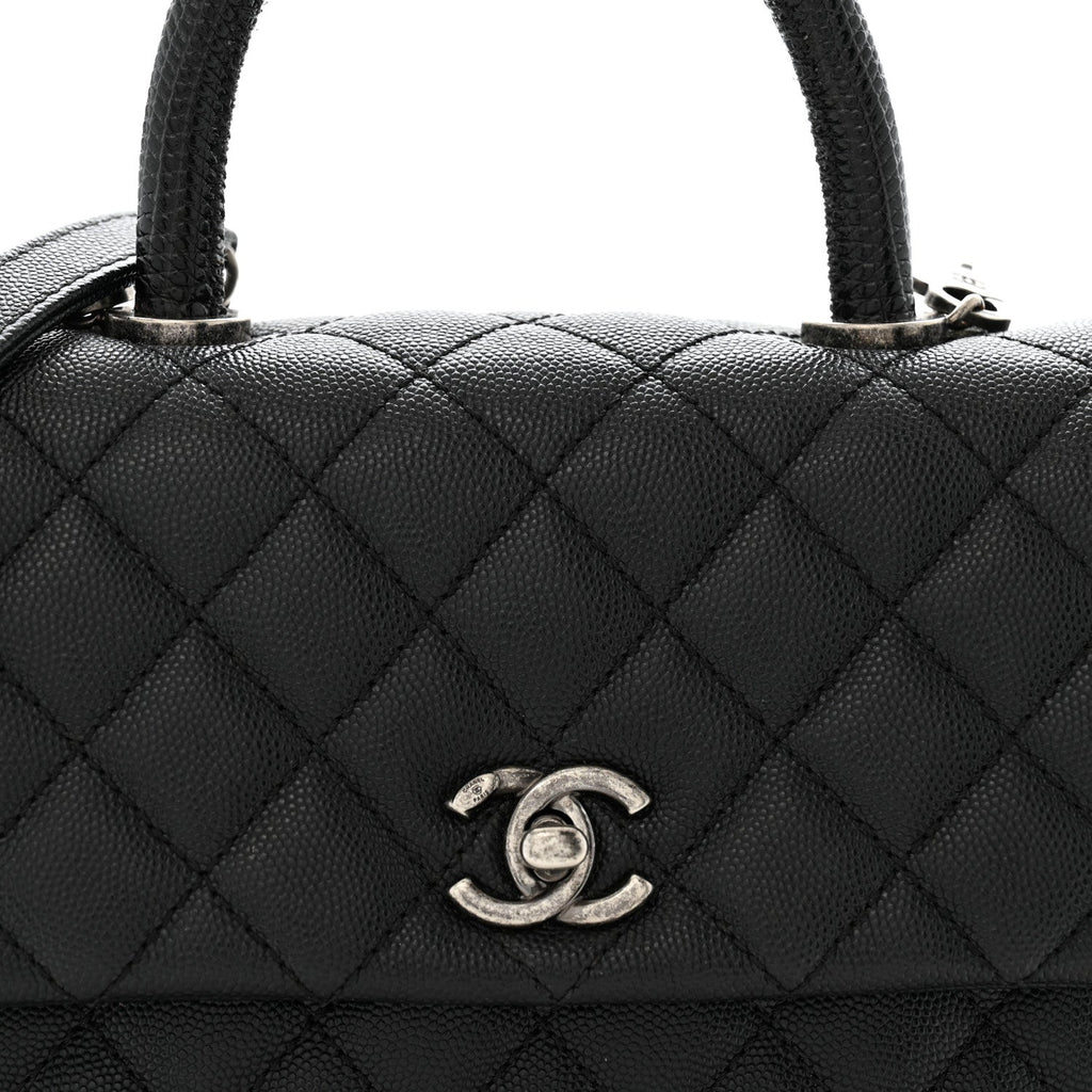 Caviar Lizard Embossed Quilted Mini Coco Handle Flap Black