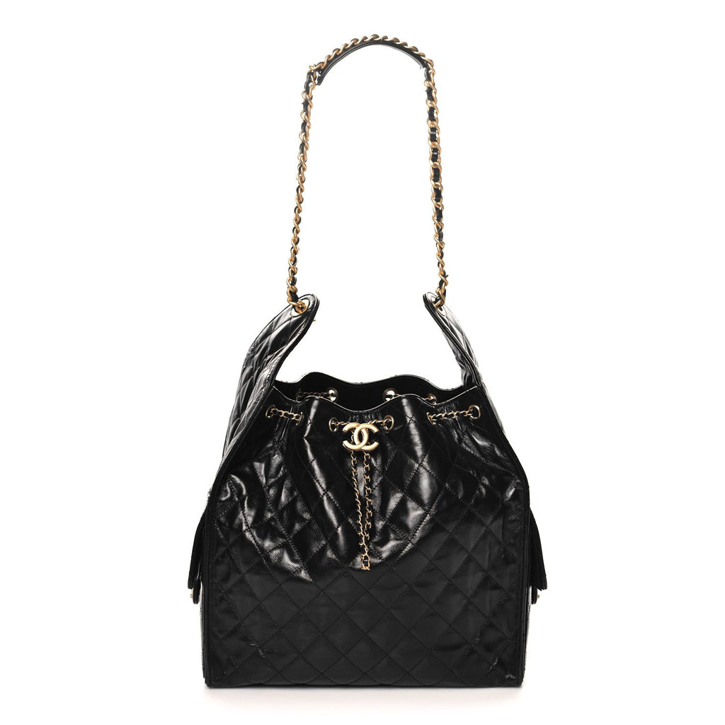 Shiny Crumpled Calfskin Quilted Medium Chanel 25 Handbag Black